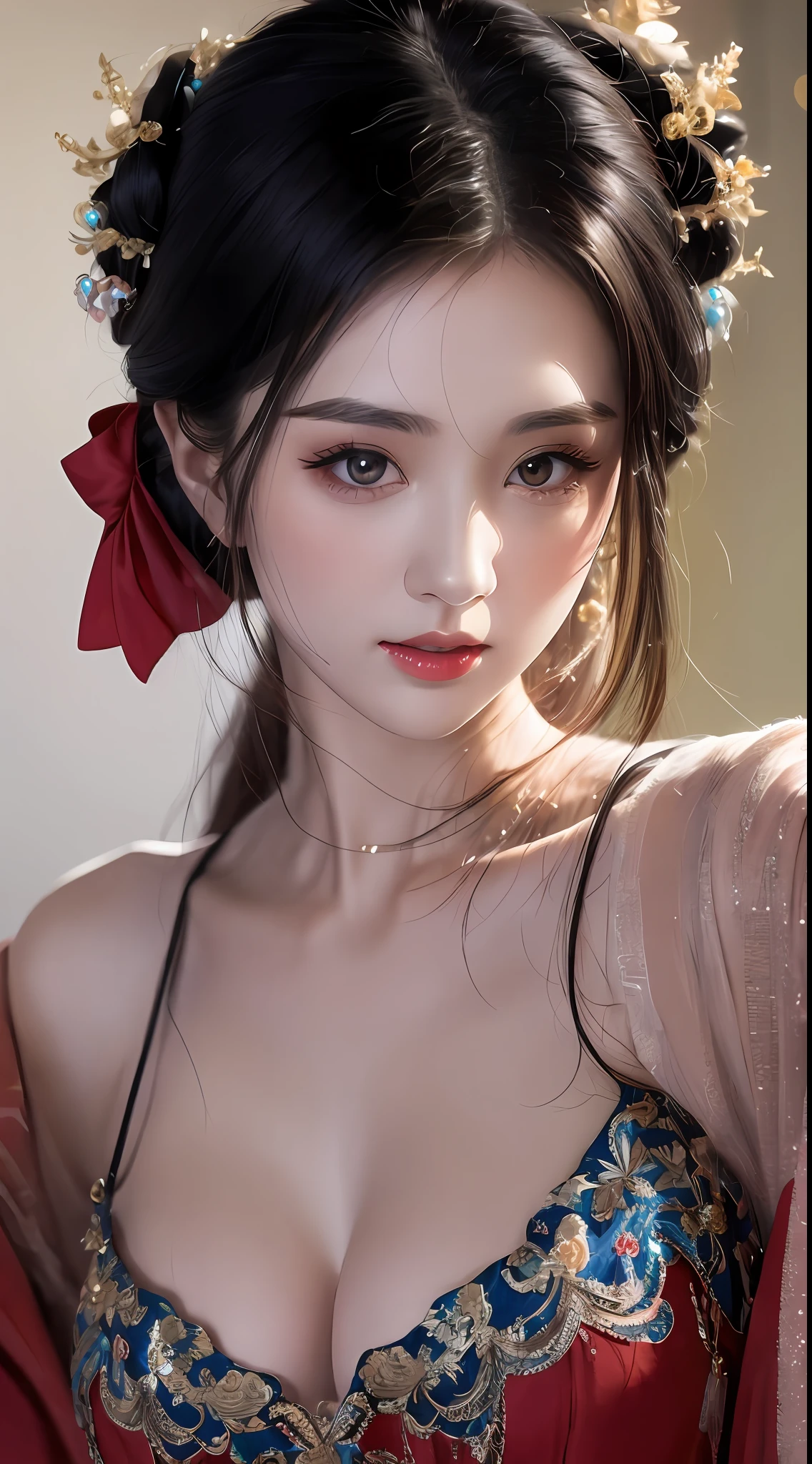 1 beautiful devil woman from hell, In the Dark: 1.6), surreal female portrait by David Hockney and Alphonse Mucha, realistic art, Chinese super cute doll, cute little face,photorealism, dynamic lighting, artstation, volumetric lighting, very detailed faces, round chin, 8k ultra, Awarded, in the dark, deep shadow, low key, cowboy lens, (Red phoenix dress: 1.4), long hair, black hair, bust, luxurious palace, Royal style, devil crown, red eyes make up very sharp and detailed, The most beautiful face, The  are very big and round and round, Super realistic, chinese women's clothing, polo neck sweater, Charming smile, The eyes are very well made up, eye bags under wet makeup, guweiz, devil style, wearing black mesh socks, Ponytail with a bow tied at the back of the hair, red lipstick, wearing a thin red and black robe, Hands pull the straps to reveal  , the landscape is overcast and thunderous, (upper body portrait), Close-up of the main character, (Background details 1.8),HDR, UHD, 8kquality, detailed pixel,