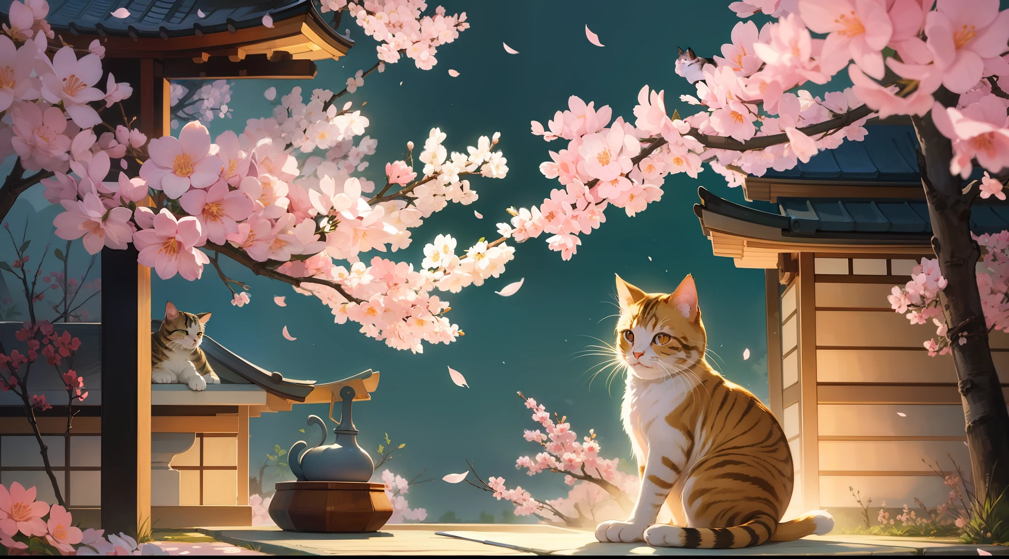 Cat in japanese style painting,sakura,beautiful Illumination,beautiful lighting,8k,illustration,colorful painting,high resolution