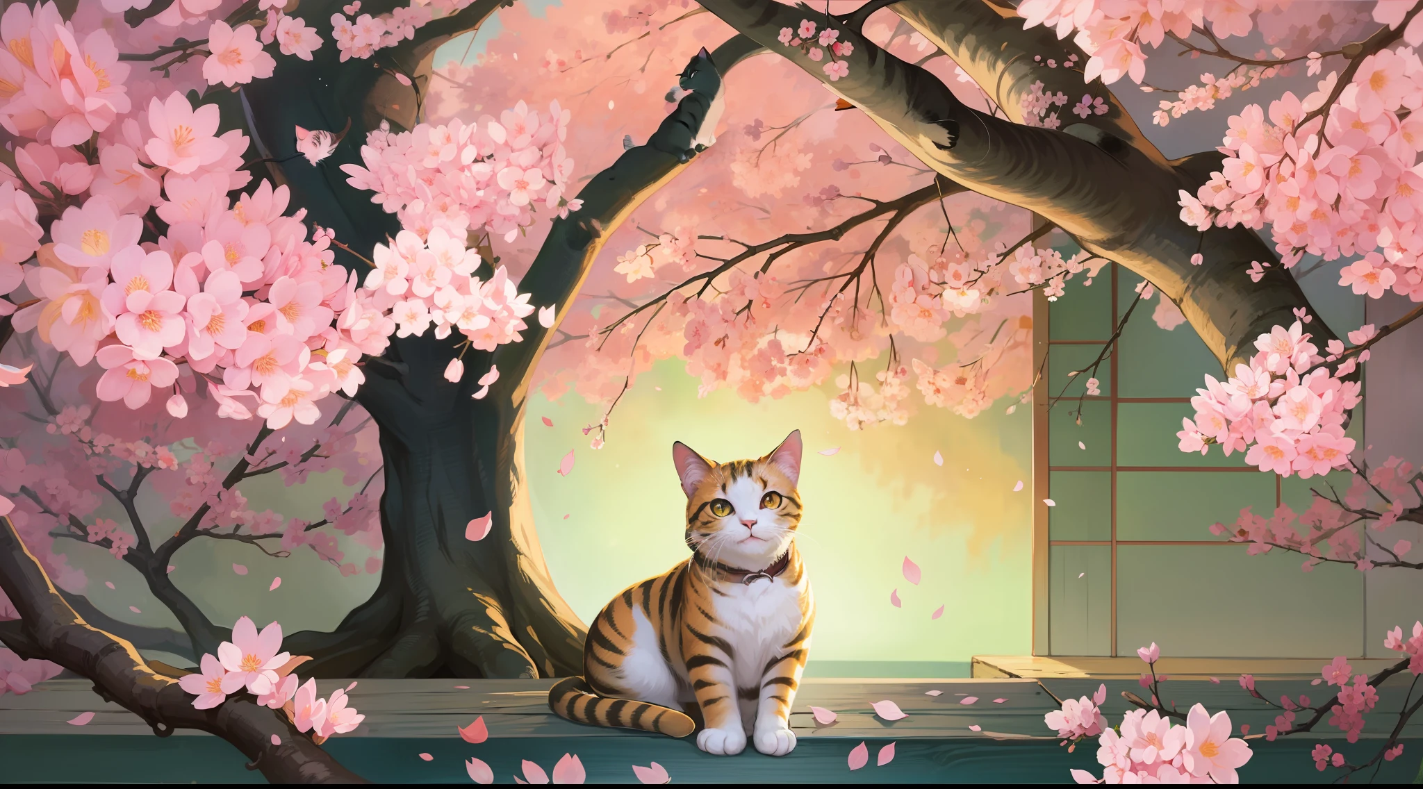 Cat in japanese style painting,sakura,beautiful Illumination,beautiful lighting,8k,illustration,colorful painting,high resolution