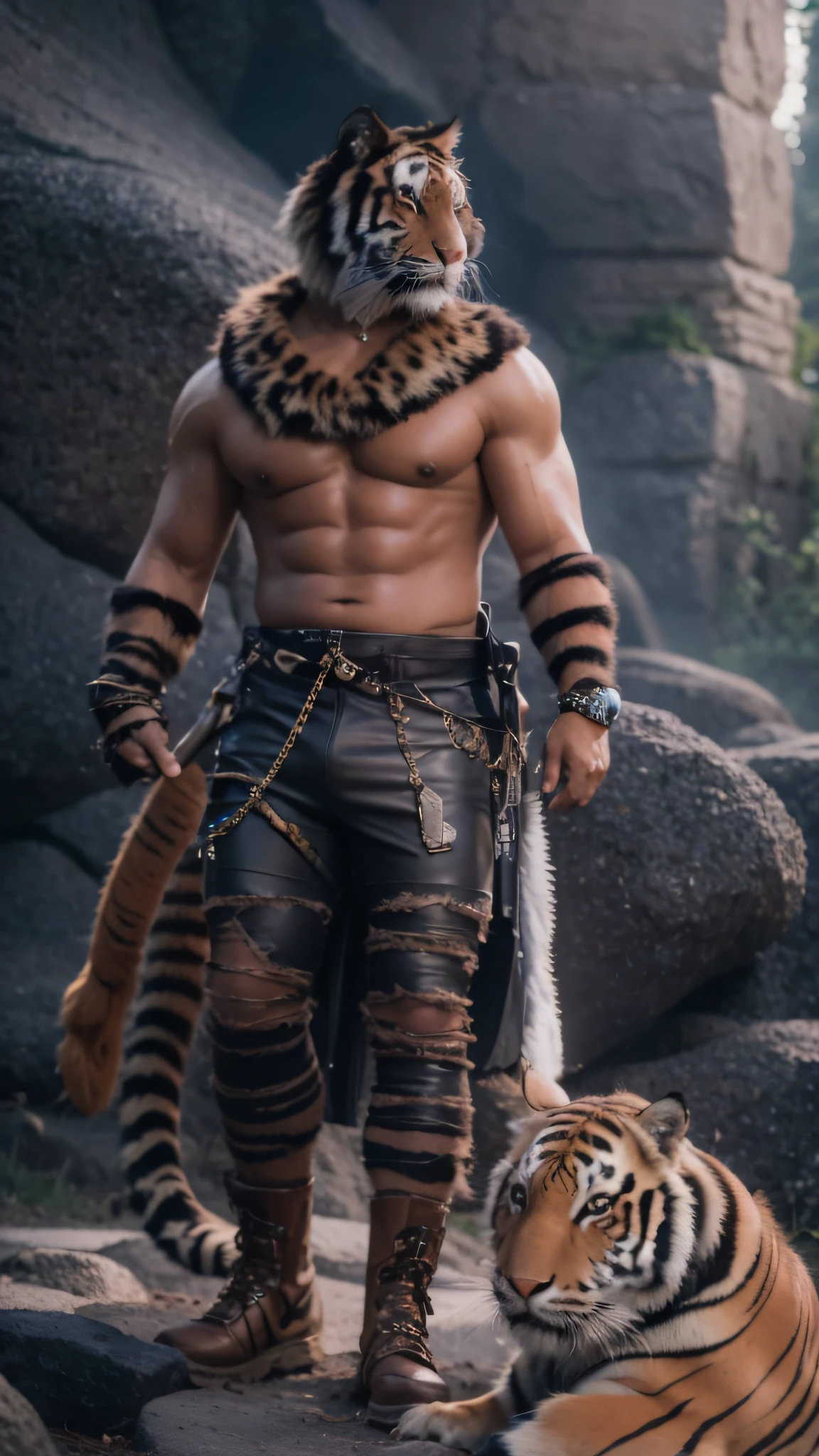 Snow-capped canyon area，Tiger hooded male warrior，boxer，Weapons of the future（tmasterpiece，k hd，hyper HD，16k，Tough guy）brunette color hair，15 years old， best qualtiy， hyper HD， （realisticlying：1.4），， A high resolution， the detail， RAW photogr， Sharp Re， Nikon D850 Film Stock Photo by Jefferies Lee 4 Kodak Portra 400 Camera F1.6 shots, Rich colors, ultra-realistic vivid textures, Dramatic lighting, Unreal Engine Art Station Trend, cinestir 800，