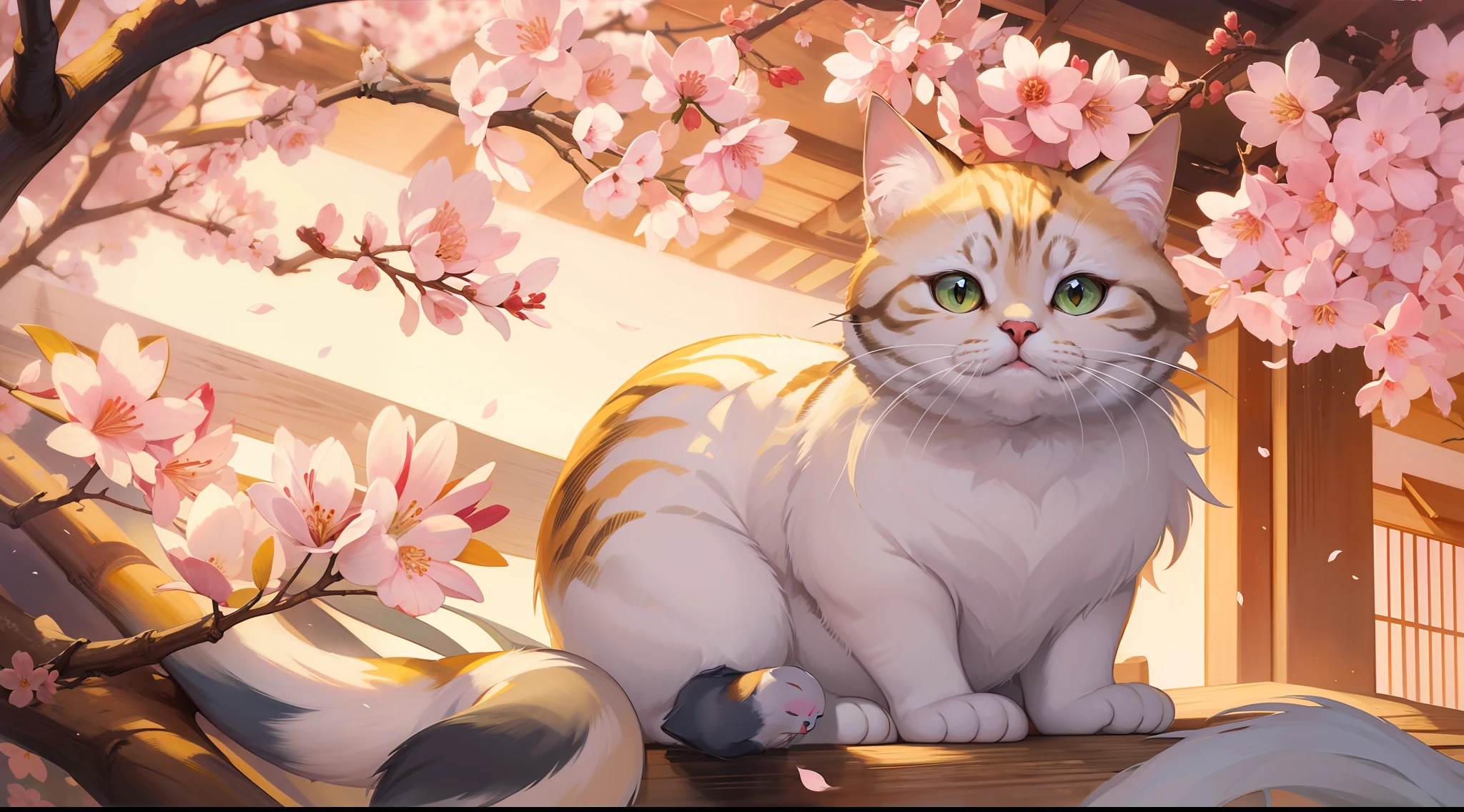 Cat in japanese style painting,sakura,beautiful Illumination,beautiful lighting,8k,illustration,colorful painting,high resolution