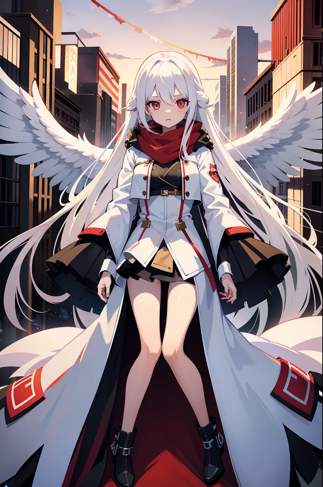 teens girl,White hair, City background at night,Red glowing eyes, sportrait, photorealestic,Red and white trench coat,Wearing a hood,Red scarf,black t-shirts,longer sleeves,Multiple pairs of angel wings,Each wing is studded with eyeballs,Light wings are suspended around,One eye bleeds,side-lighting, the wallpaper, NSFW, Depicting female characters from ethereal anime in a high-quality anime art style,Combine ethereal and mecha themes,Showcasing anime goddesses and white-haired mysterious characters。