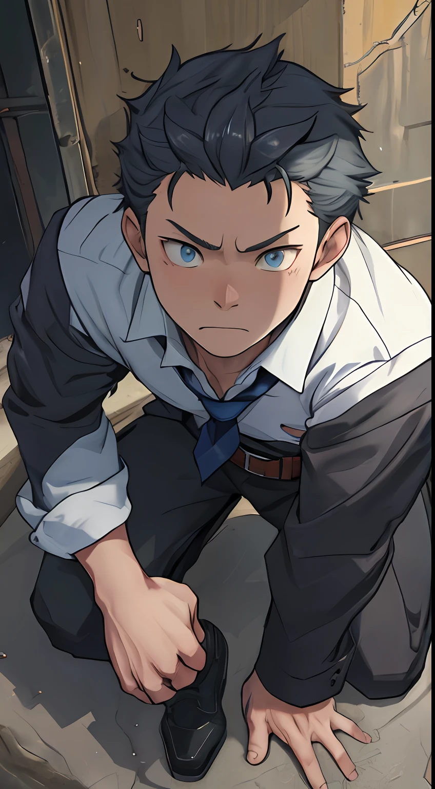 (1 Adult male),A high resolution, Sharp focus, Pixiv masterpiece, ((Complicated details)), highly detailed, natsuki_subaru, 1 man,Defeat, crestfallen,full bodyesbian,kneels on the ground, (A gesture of pleading),blue color eyes(eyes glowing), Short yellow hair,white shirt,Wear a tie,Wear a belt,perspire,look from down