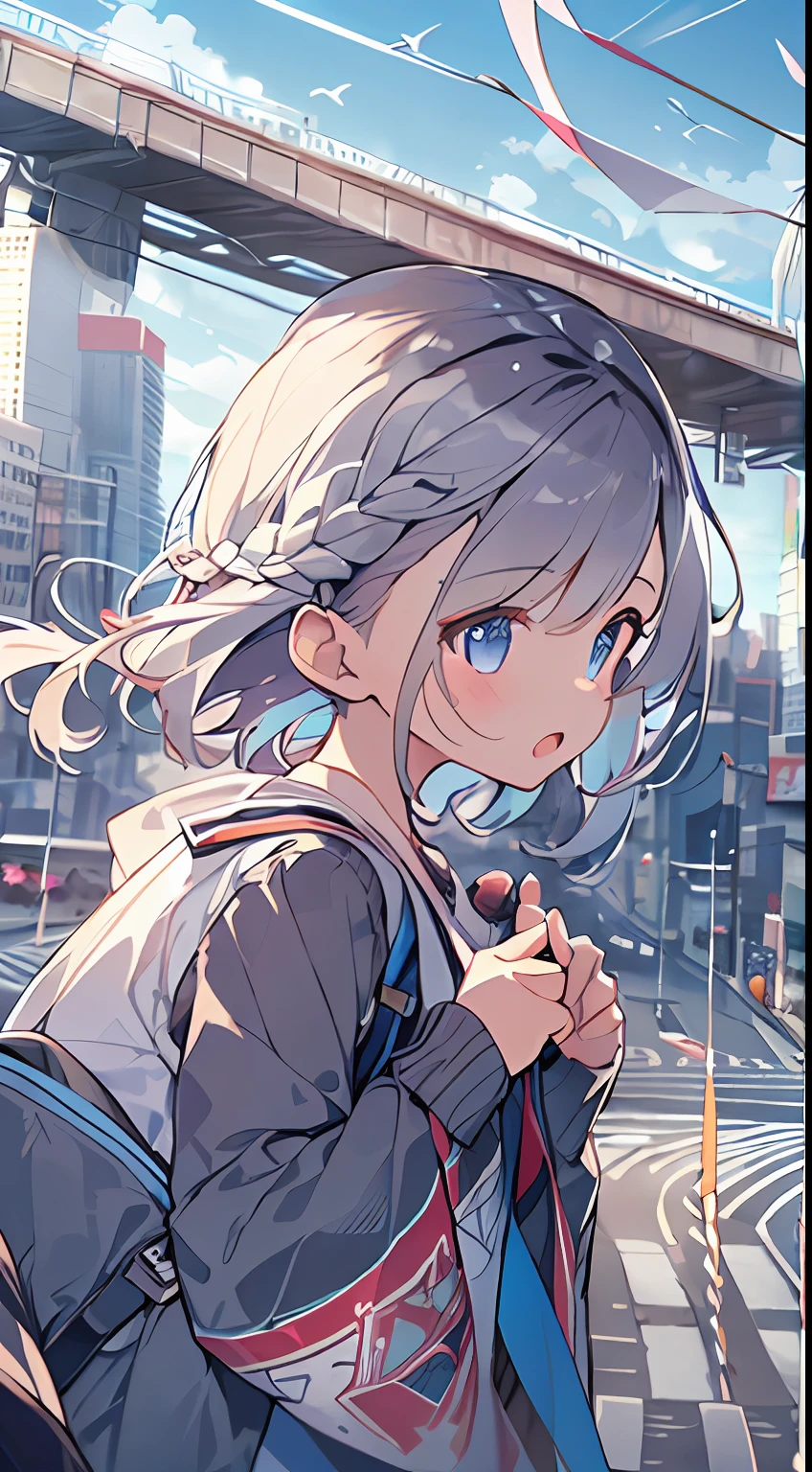 Anime girl with backpack on city street, Kantai Collection Style, official artwork, kantai collection arcade, anime style 4 k, young anime girl, Anime visuals of cute girls, clean detailed anime style, clean detailed anime art, best anime 4k konachan wallpaper, Anime style. 8K, digital anime illustration, guweiz, girls frontline style、Best Quality、masutepiece