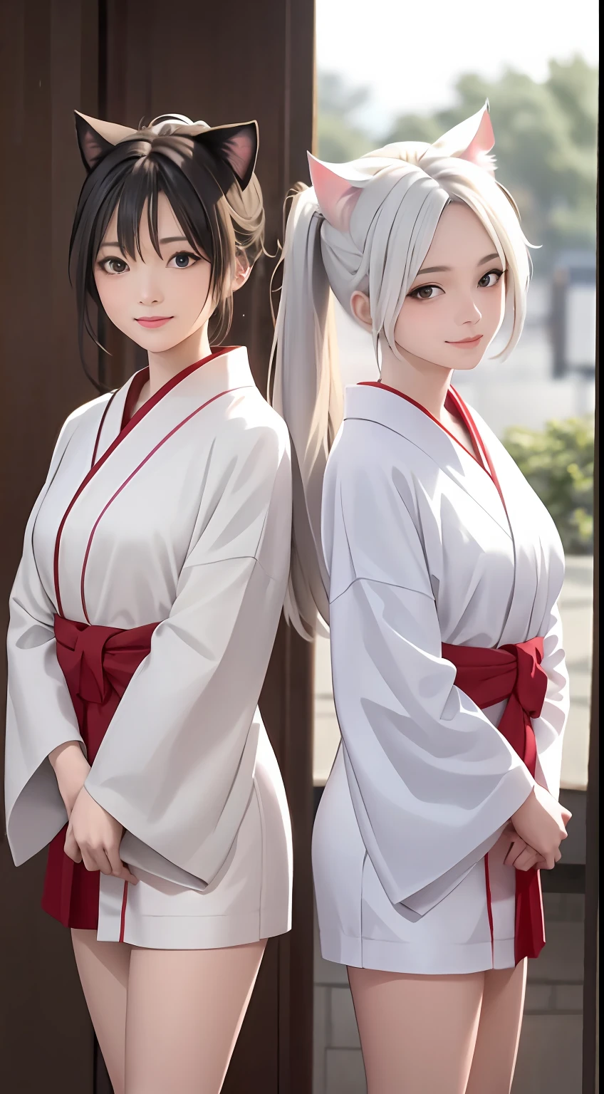 Top quality, Masterpiece, A high resolution, 2 girls together, Female twins, White hair, red kimono. Cat ears, White kimono, Beautiful face, Tyndall effect, Photorealistic, Dark Studio, rim lit, Two-tone lighting, (high definition skin: 1.2), 8K, Ultra HD, Digital SLR, Soft lighting, High quality, voluminetric lighting, candid, Photography, high resolution, 4K, 8K, pony tails, Red eyes, Back-to-back position, Smile, Same height