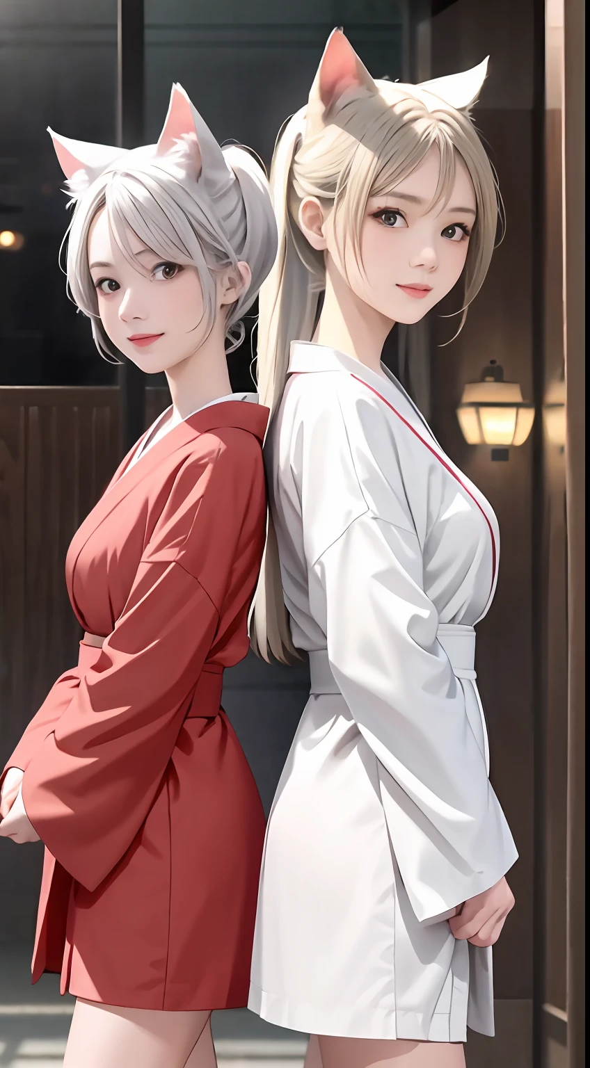 Top quality, Masterpiece, A high resolution, 2 girls together, Female twins, White hair, red kimono. Cat ears, White kimono, Beautiful face, Tyndall effect, Photorealistic, Dark Studio, rim lit, Two-tone lighting, (high definition skin: 1.2), 8K, Ultra HD, Digital SLR, Soft lighting, High quality, voluminetric lighting, candid, Photography, high resolution, 4K, 8K, pony tails, Red eyes, Back-to-back position, Smile, Same height
