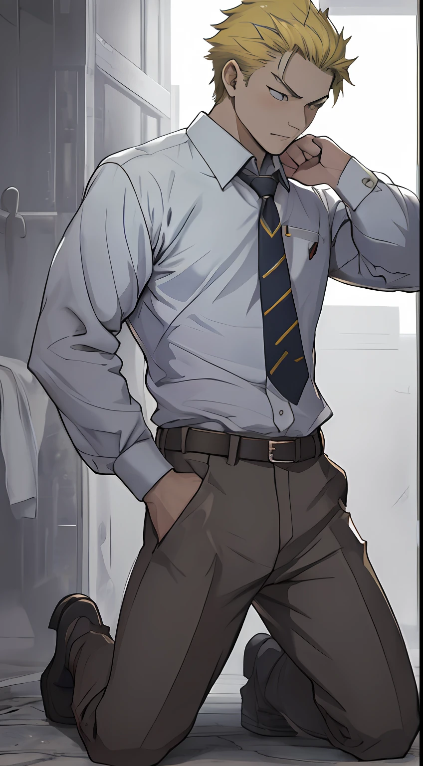 （1 Adult male），A high resolution， Sharp focus， Pixiv masterpiece， （（Complicated details））， highly  detailed， natsuki_subaru， 1 man，Defeat， crestfallen，full bodyesbian，kneels on the ground， （A gesture of pleading），blue color eyes（eyes glowing）， Short yellow hair，white  shirt，Wear a tie，Wear a belt，perspire，look from down
