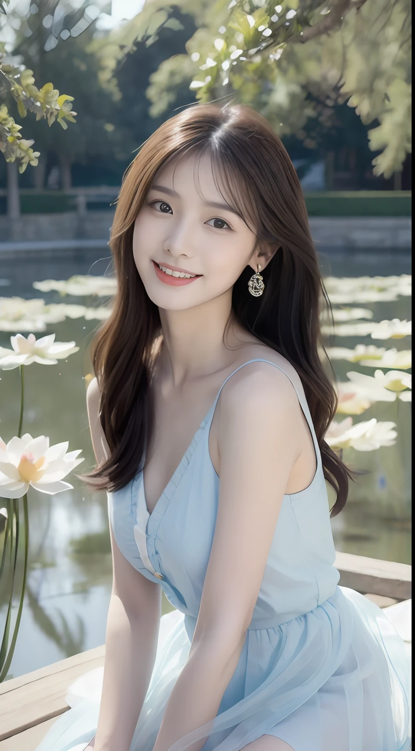A young and beautiful,Beautiful cute girl，half-body photo。Extremely beautiful and delicate，Black color hair，A sweet smile，Delicate and beautiful fair skin，Realistic and realistic，exquisite and complete facial features，Detailed depiction of the face，tall nose bridge，Smooth hair，extremely detail hair，Feminine temperament，with a well-proportioned body，Realiy，White teeth，Tied up with hair，Hyper-realism，sandals，Extreme picture quality,Highest precision,Precise and perfect human anatomy。with blue sky and white clouds，rays of sunshine，(Tutu dress)（telephoto shot，）Express the landscape，By the lotus pond，There are lotus flowers，Highlight portrait。Wearing earrings，Sideways photo