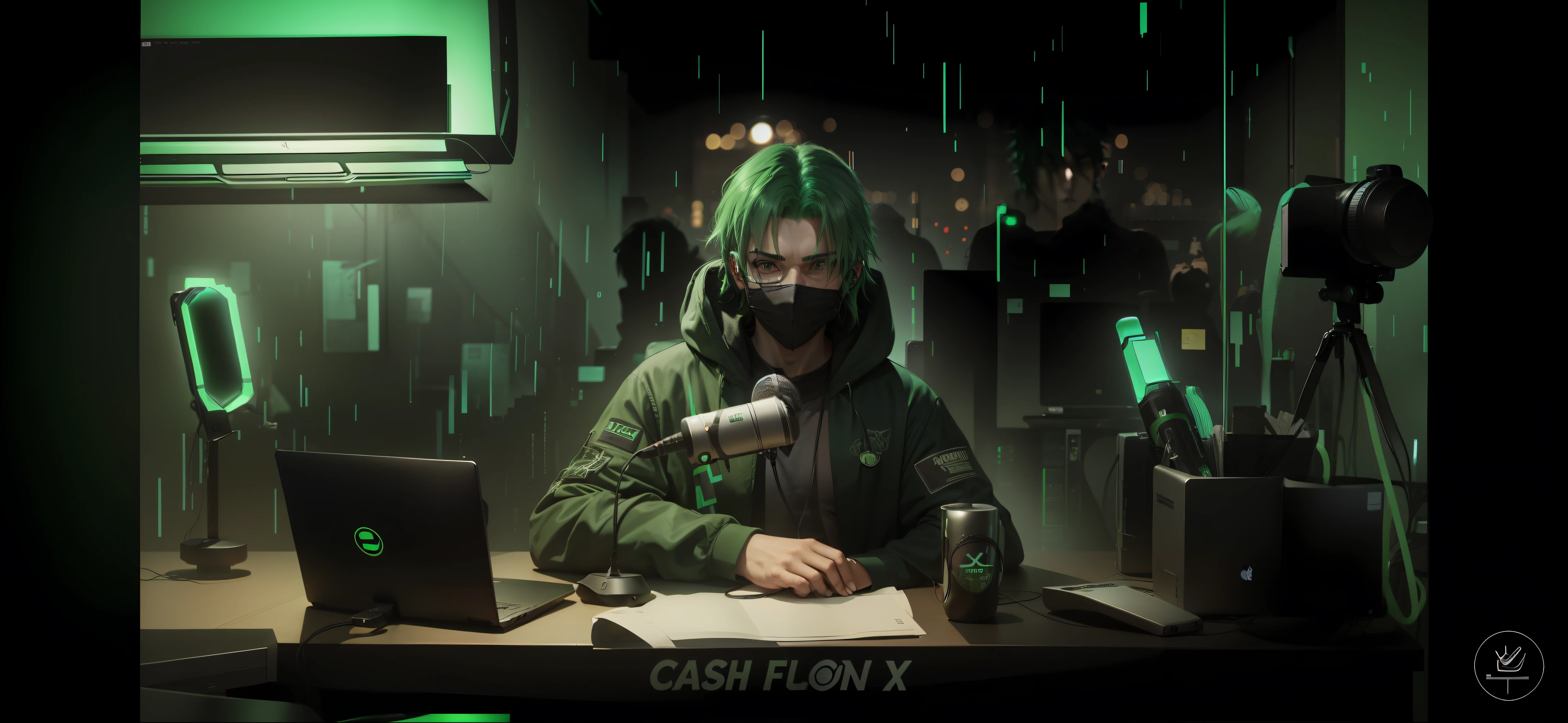 A man with green hair, a black laptop, microphone.