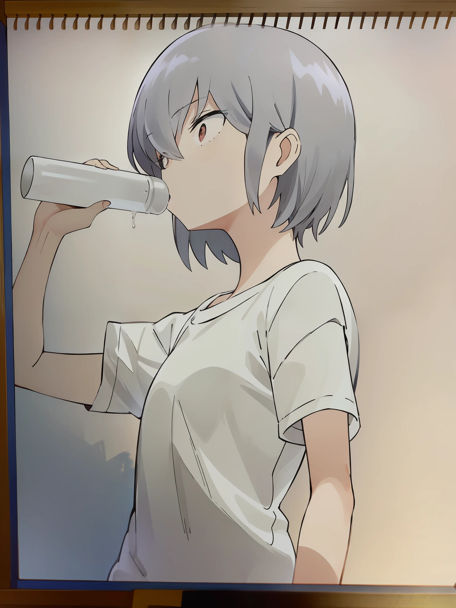 Boyish girl with short hair、Drinking water from a clear plastic bottle、Dry throat、Short sleeve t-shirt in tight white