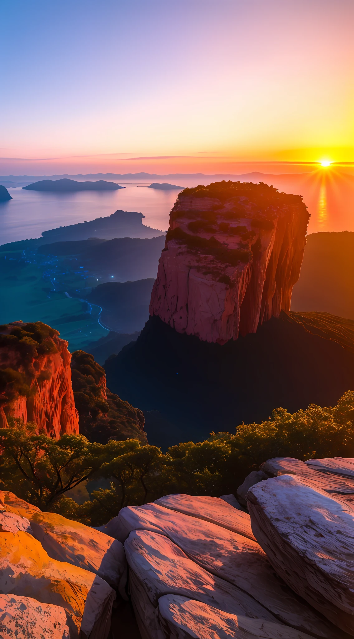 Sunset, evening glow, distant view, realistic, rich colors, gorgeous and colorful, wide-angle lens, shooting in the evening, positive film, naturalistic style, high-definition filming.