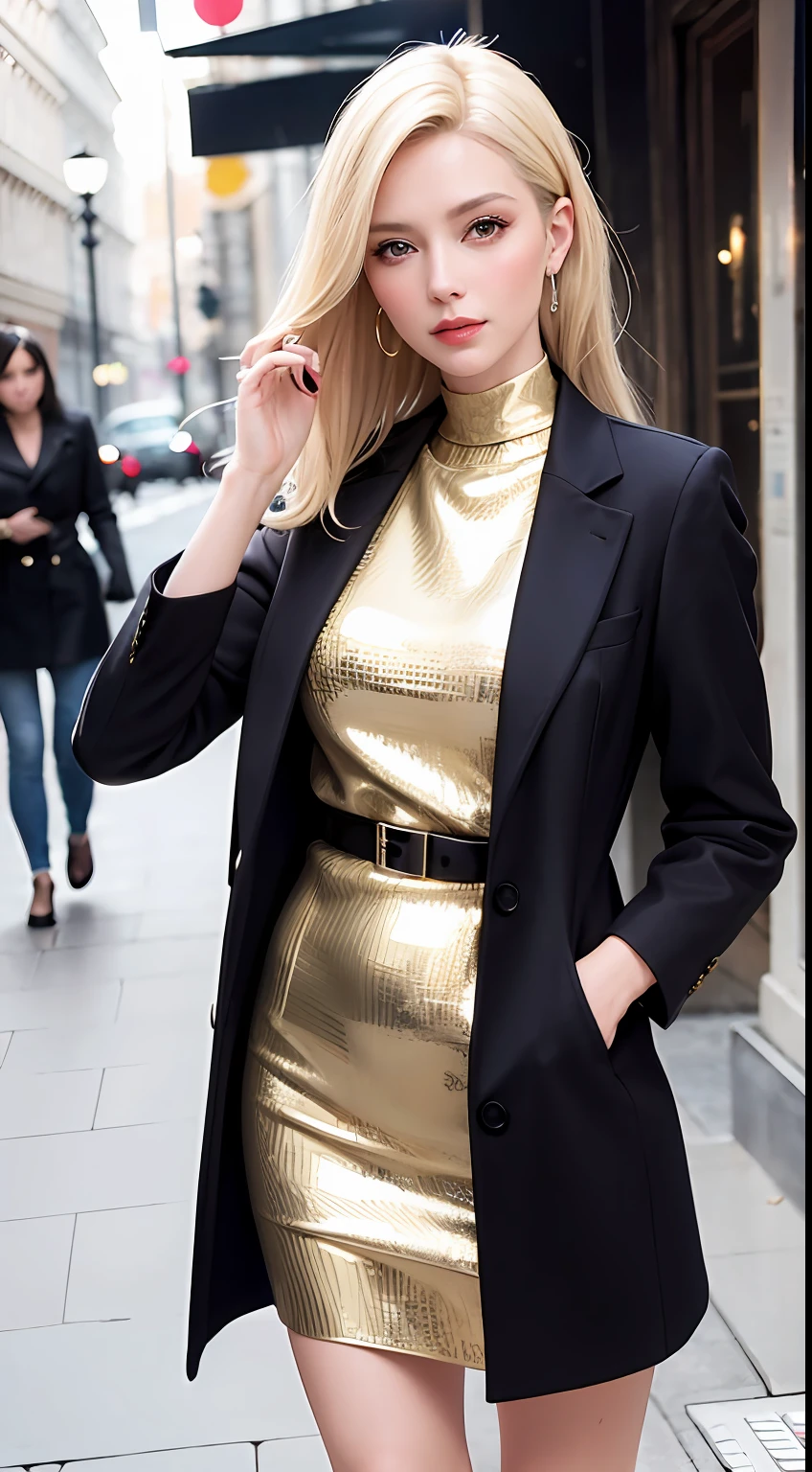 European and American mature women, A fashion model, Wear it with a skirt and a long coat,Glamour, paparazzi taking pictures of her, Blonde hair, Brown eyes, 8K, High quality, Masterpiece, Best quality, HD, Extremely detailed, voluminetric lighting, Photorealistic
