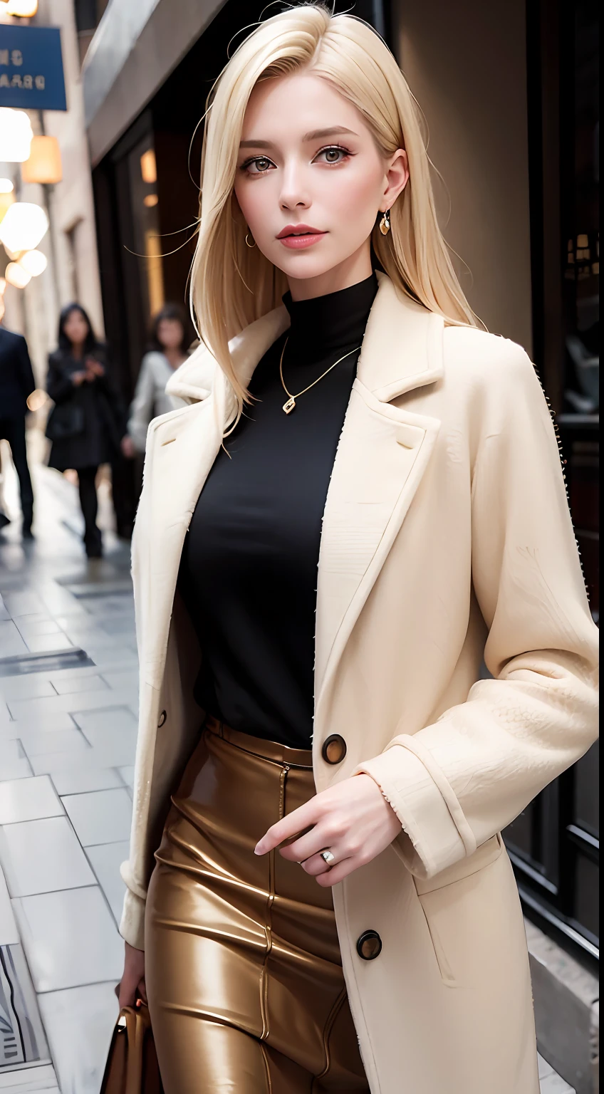 European and American mature women, A fashion model, Wear it with a skirt and a long coat,Glamour, paparazzi taking pictures of her, Blonde hair, Brown eyes, 8K, High quality, Masterpiece, Best quality, HD, Extremely detailed, voluminetric lighting, Photorealistic
