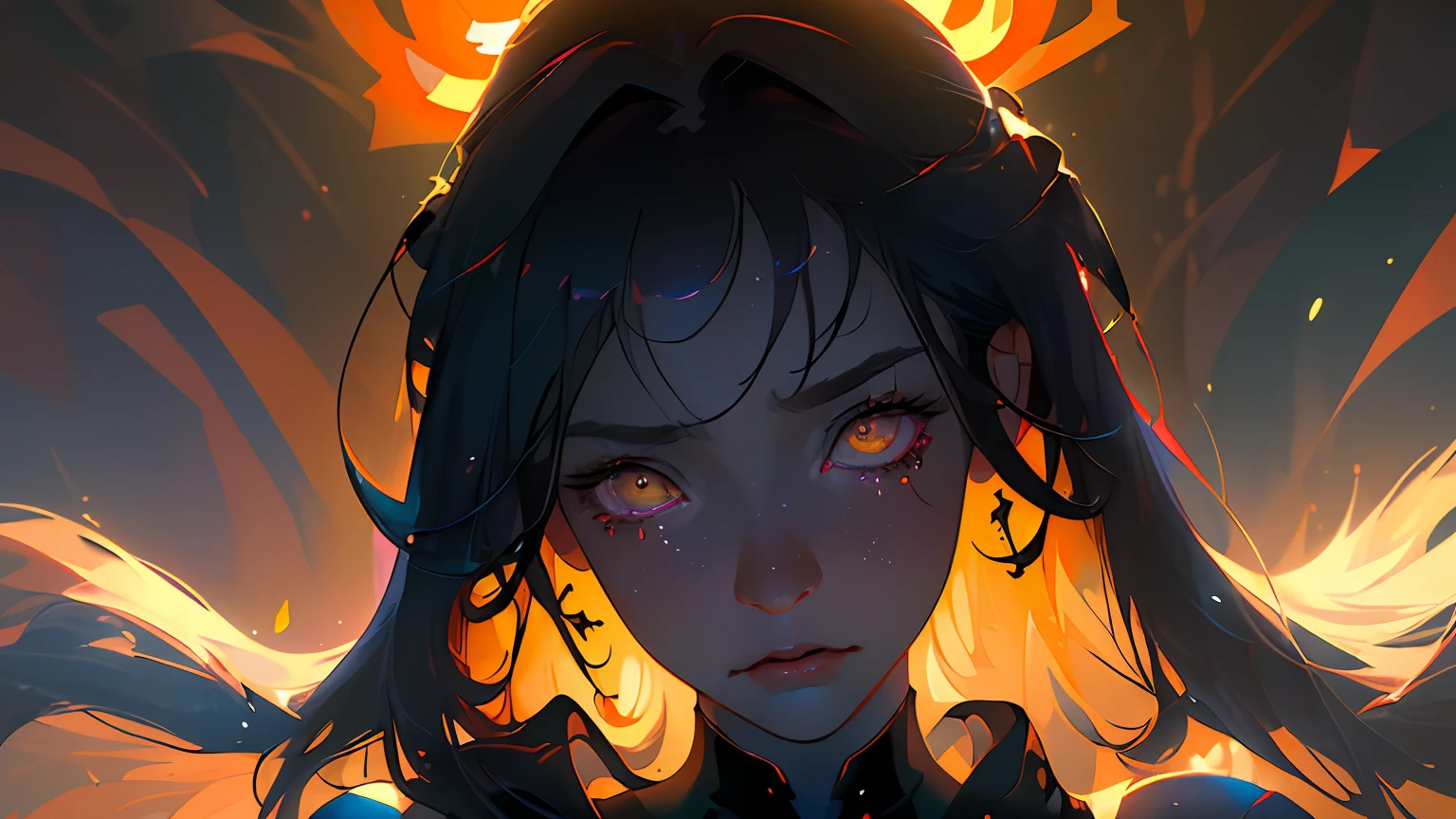 (beste-Qualit, tmasterpiece), hyper-realistic realistic texture, Masterpiece, Unreal Engine 5, extremely detailed CG unity 8k wallpaper, Realistic eyes, Madly detailed photo, (ecstasy of light and shadow, deep shadow), a 1girl, 独奏, (ciberpunk), particle, the wind, looks at the viewer, turned to the viewer, back light, upper-body, intervention, tumult, ambiguity, Blur, Like in a dream, dark flowing hair and yellow eyes, slight smile, tears in eyes, Farewell atmosphere, gloomily