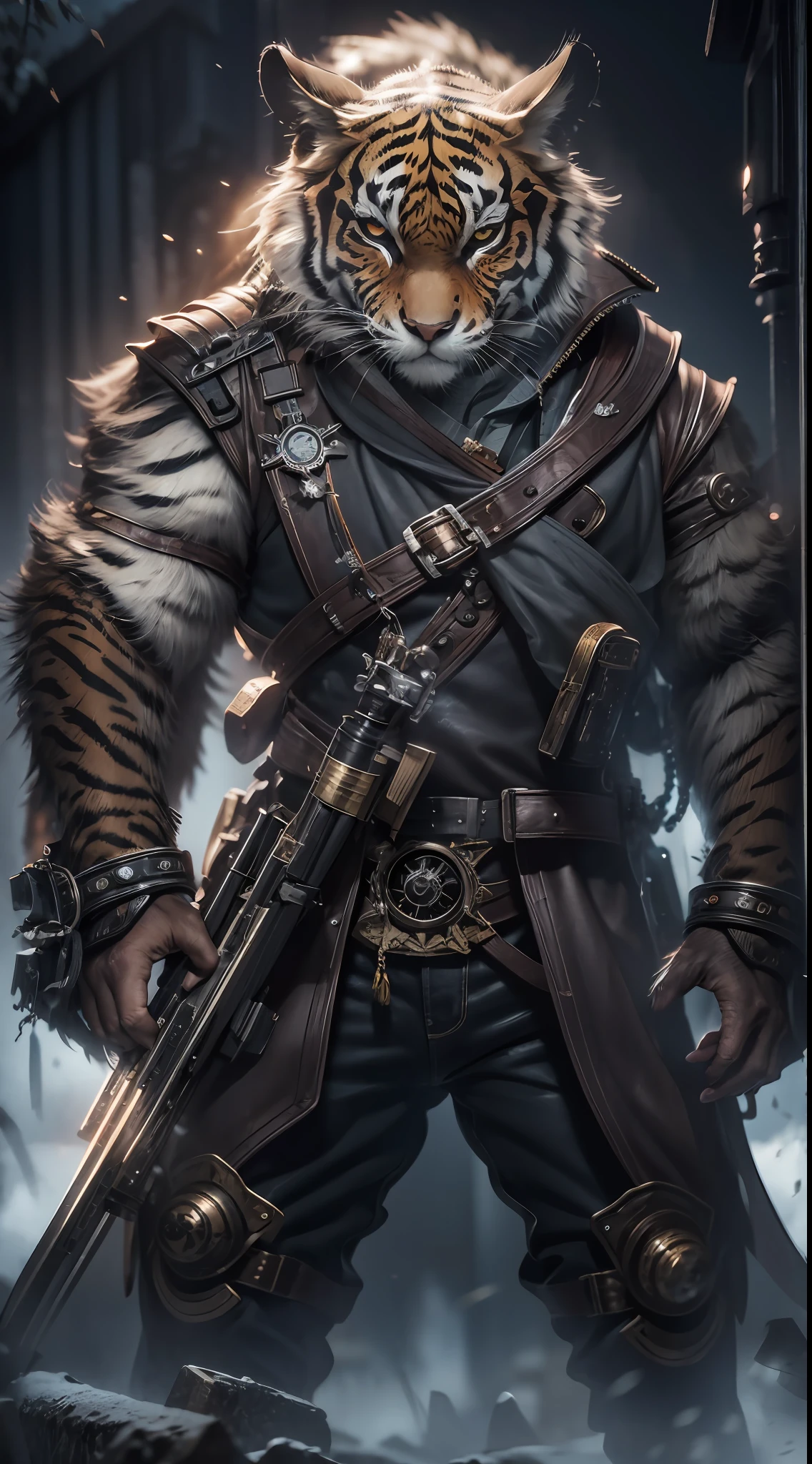 Angry Tiger God, closeup cleavage, Steampunk anthropomorphism , Holding a Saabpunk glowing rifle，Carry grenades，Magazines，Black Death mask, artstation illustrators, Intricate details, face, Full body portrait, Dim light, illustration, hyper HD, 4k ultra realistic, Tension, Cold, Highly detailed, Sharp focus, professional, 8K  UHD, Cinematic, Dark, violent, Outdoor, River, battle, chase, Dramatic, Vivid, Intense atmosphere, Renders, Epic, Twilight, hdr, album covers, Blizzard, Lightning, Cataclysm，Full body photo