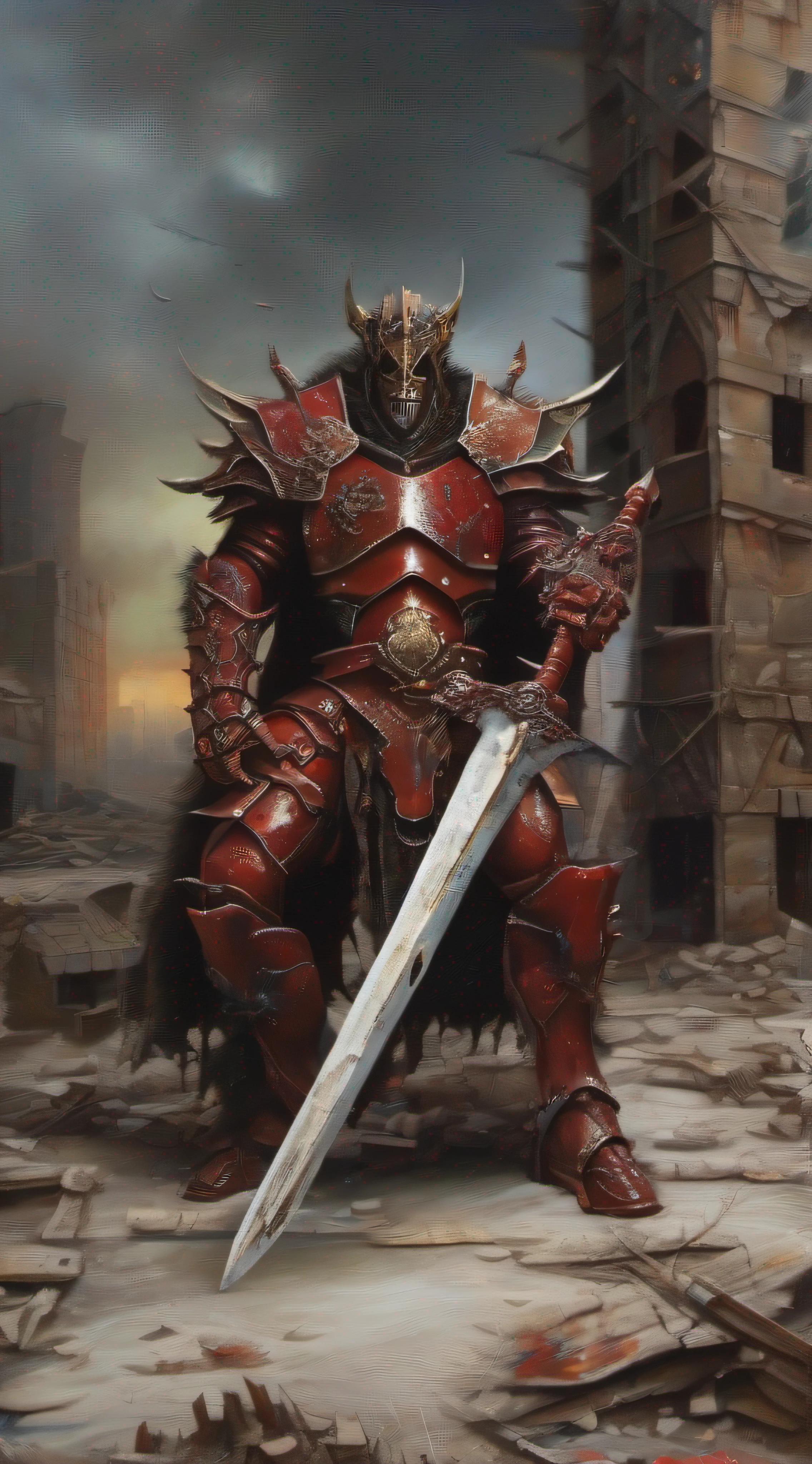 metal maden male chaos warrior of khorne in armor is holding a great sword in a ruined post-apocalyptic city, sci-fi, fantasy, horror, skulls on the ground, blood, Tornado, Roman, Empty chairs,Tangled roots,Key, Warped,Mangled,Ethereal, (Isolation:1.1), (Glaze:1.1), (Reflected light:1.2), Glass, Polygon, ultra detailed, intricate, oil on canvas, dry brush, (surrealism:1.1), (disturbing:1.1)