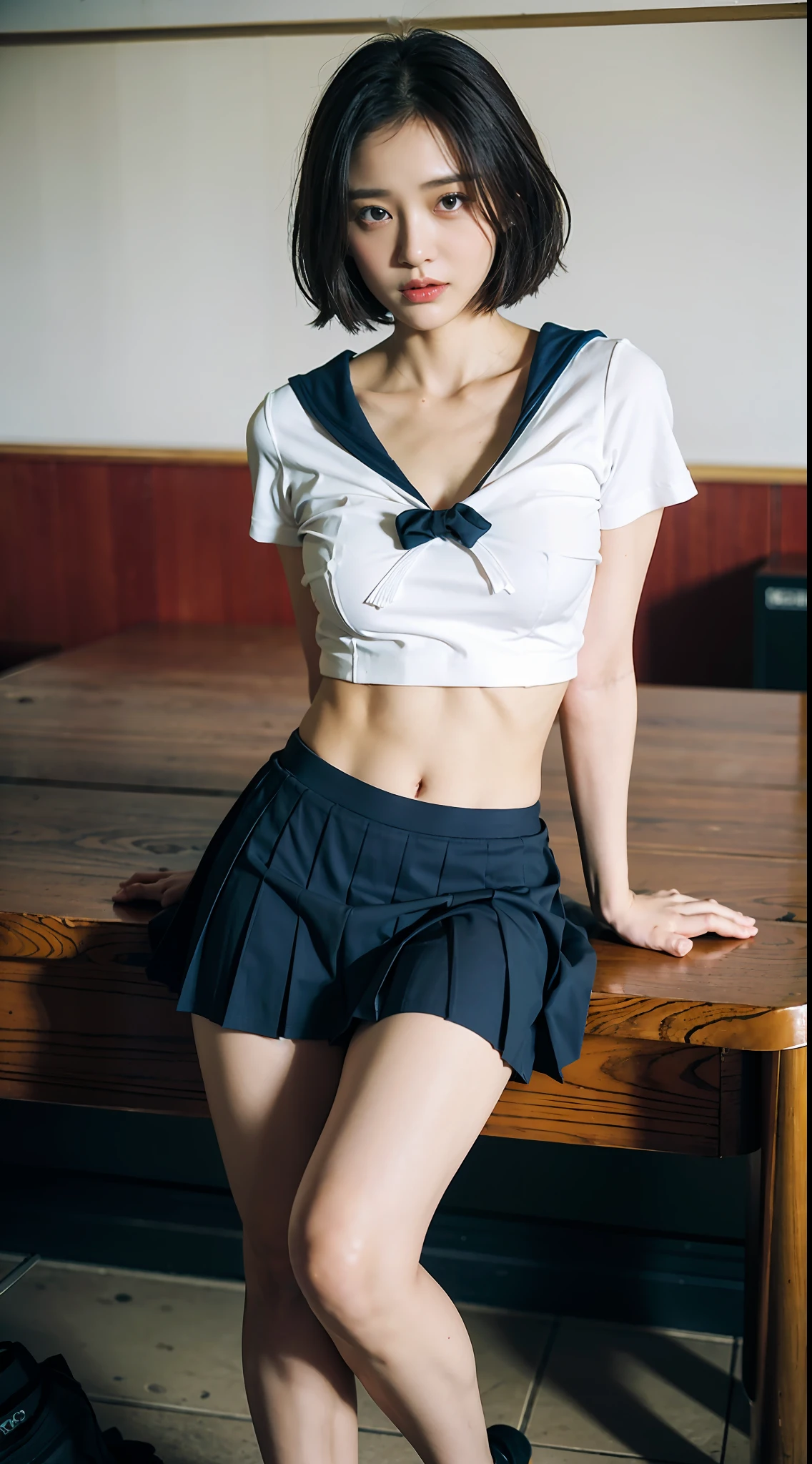 (8K、RAW Photos、top-quality、masterpiece:1.2)、(realisitic、Photorealsitic:1.37)、女の子1人、japanes、18year old、femele、Classroom、natta、profetional lighting、Photon mapping、torn、Colossal tits、The tips of the knitted, which are pure white and very small in size, stick out、areola protruding、The shape of the pubic area is clearly visible、gals、Lots of lashes、Lame on the eyelids、Pitch black lip、Pitch black heels、pubick hair、the lower abdomen bristles、A slender、crotch open、My are big and are about to spill out of my bra、Very much pubic hair、pubic hair is very protruding、((Tight sailor suit、Short dark blue pleated skirt、I can see panties.))、maroon short hair、The navel is visible、Abs are visible