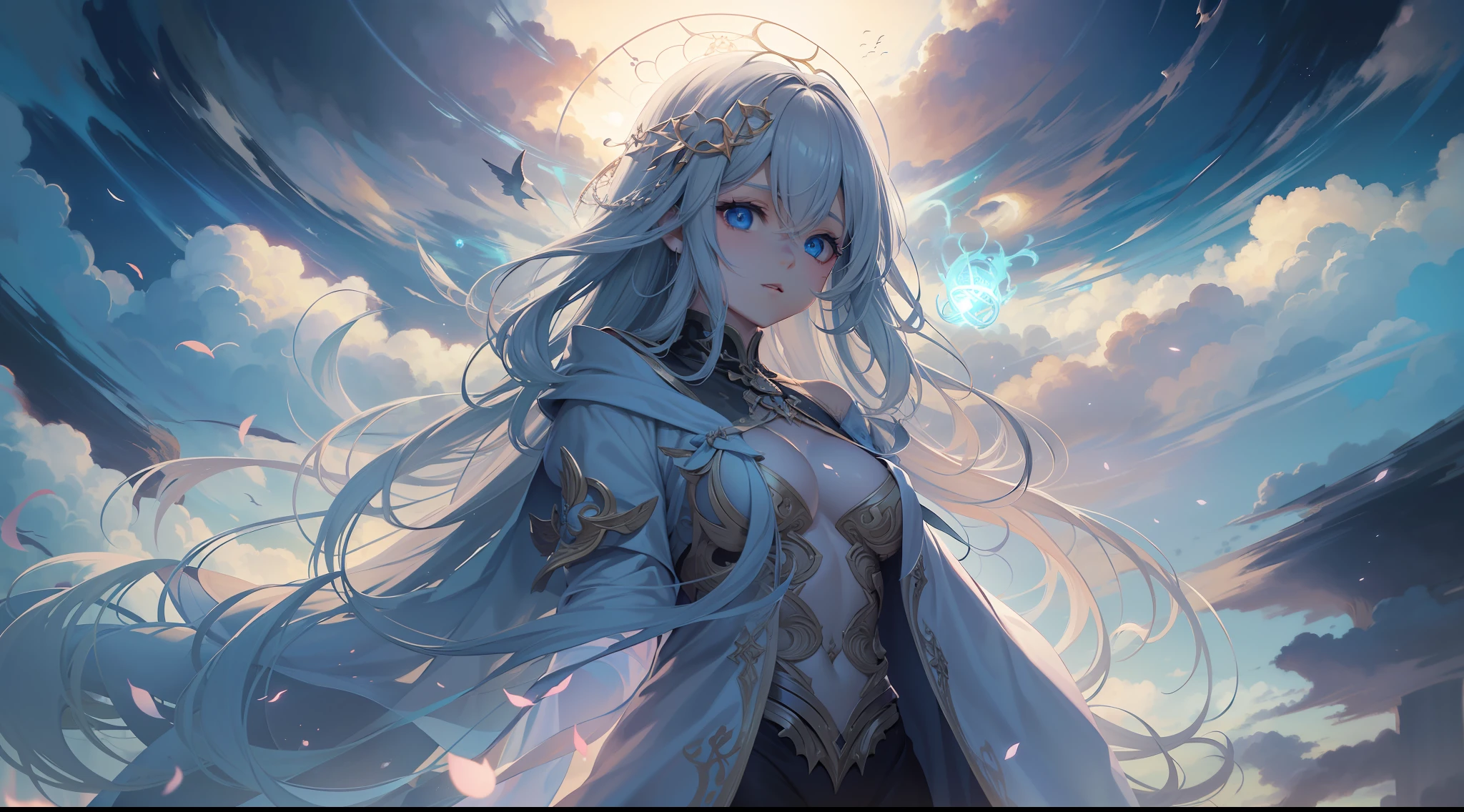 Above the rising clouds,Night, Dark, (Fantasy),infinite,deep blue sky,The abyss of knowledge,Cowledge,((masutepiece)), (((Best Quality))),((Beautiful fine eyes)),(Eye lashes)、Realistic clouds、Very beautiful face、The ultra -The high-definition、high fantasy castle、Beautiful girl riding on the shoulders of a golem、(女の子1人)、Black hair、The long-haired、abyss eyes、glowy skin、oils、small tits、Perfect human body structure、Wizard robes、der riese、tattered cloth、Realistic coat、Teenchi、Super delicate CG Unity 32k wallpaper、photoRealstic、masterpiece, ((ultra-detailliert)), ((illustratio)),colourfull,wall-paper,The energy,Unknown terror,Incomprehensible,Around the magic,Magical surroundings,magic wands,Boken,Flying pages,Know everything,Predict the future、Get to know the past、Infinite wisdom、blue flames、Warlock、magic circles、Pentagram、Spells、mantra、Singing magic