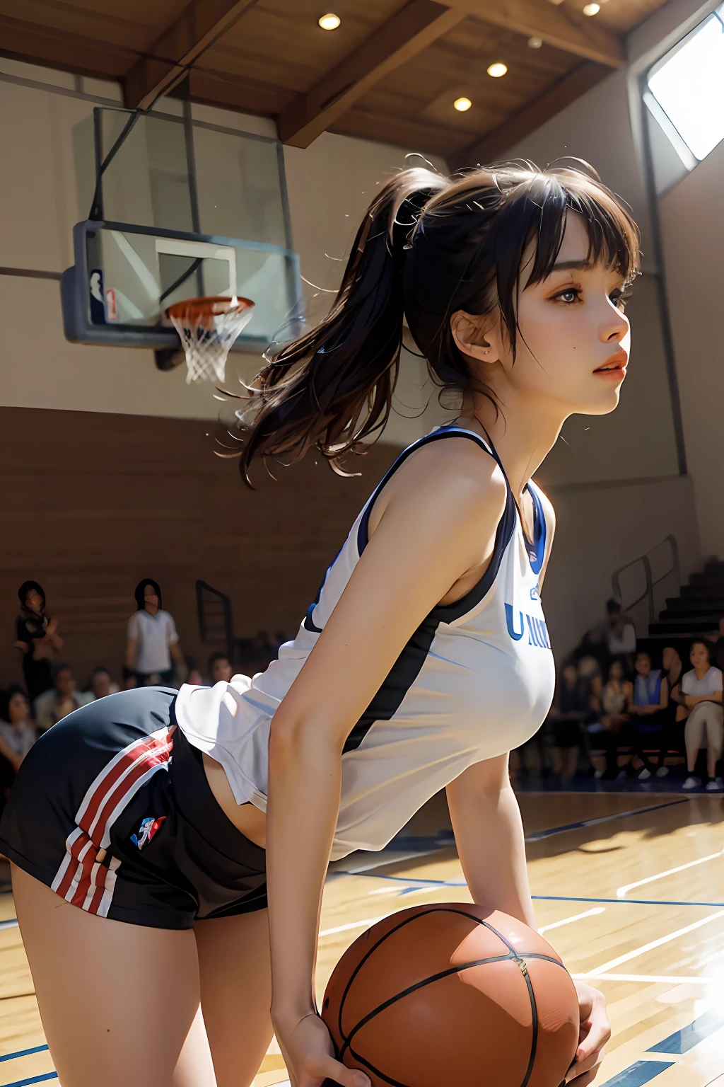 (RAW photo, 4k, masterpiece, high resolution, extremely complex) (realistic: 1.4), cinematic lighting
1 Girl, Solo Focus, Summer Noon, Hot, 1990s\(Style\), (Best Quality), (Highres), (an Extremely Delicate and Beautiful),,(Beautiful 8k face),(Brown eyes),(ulzzang-6500:1.0),(solo),(Looking side),( spectators),(large breasts),(NBA),bent over,,lookside,(side), ,(Basketball sportswear),((Play basketball)),((gymnasium)),((speed)),(reality),