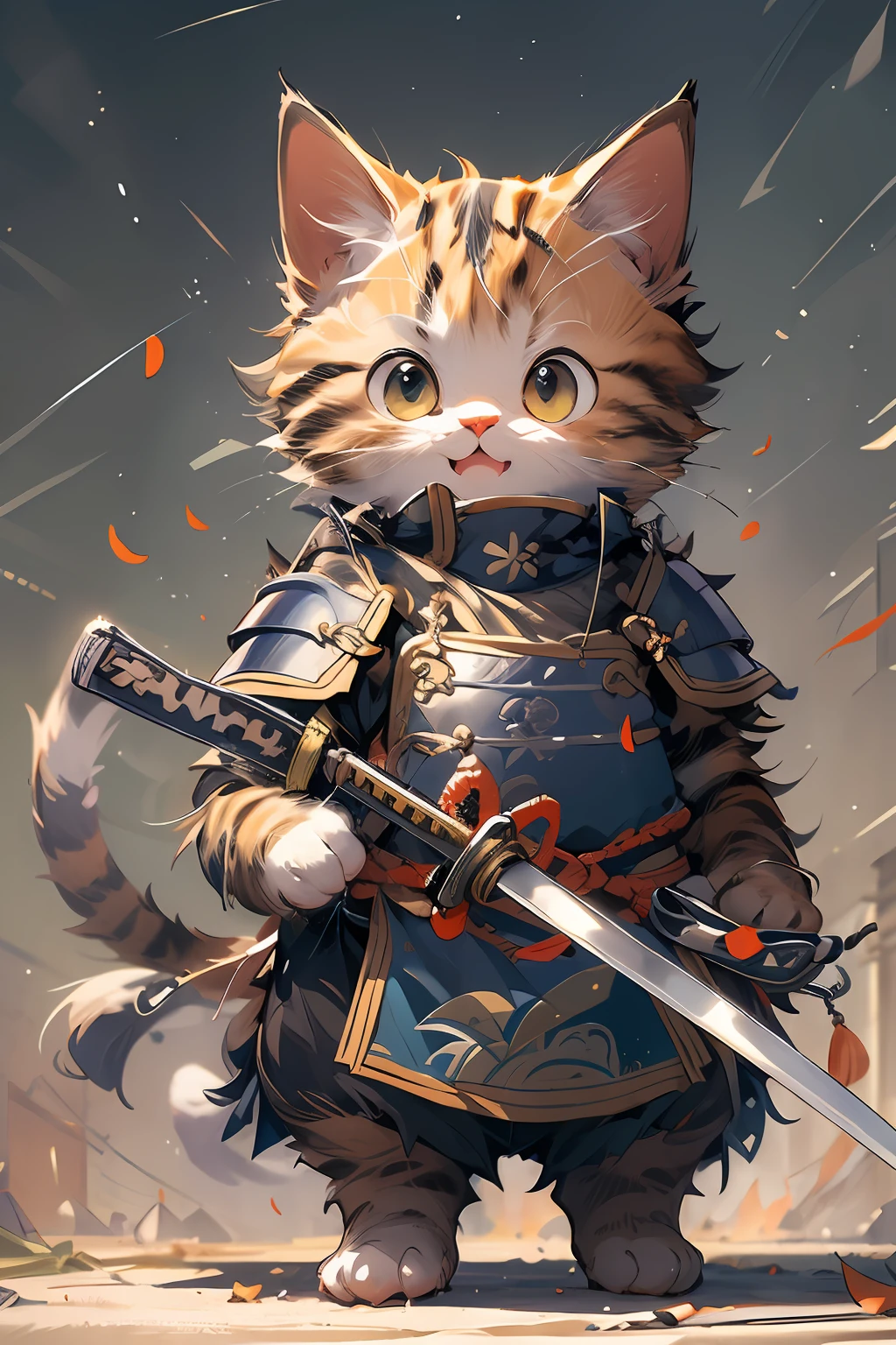 (Masterpiece:1.2, high quality),cat, absurdres, highres, ultra detailed, 1cat, cute [cat:human] wearing samurai armor, smile, holding sword