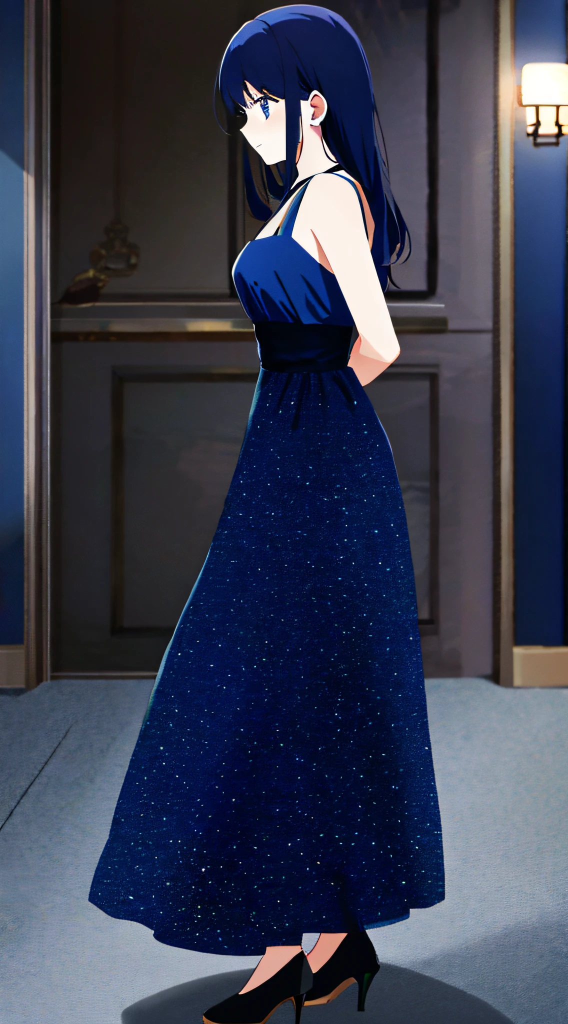 A woman wears in the house(Long dark blue dress)(high-heels),