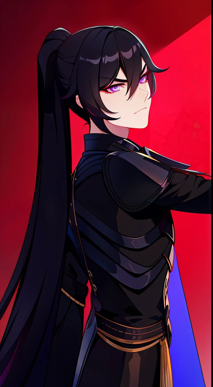 adult man, Long black hair, high ponytail, violet eyes, Fantasy, Korean Demon Armor, anger, Masterpiece, hiquality