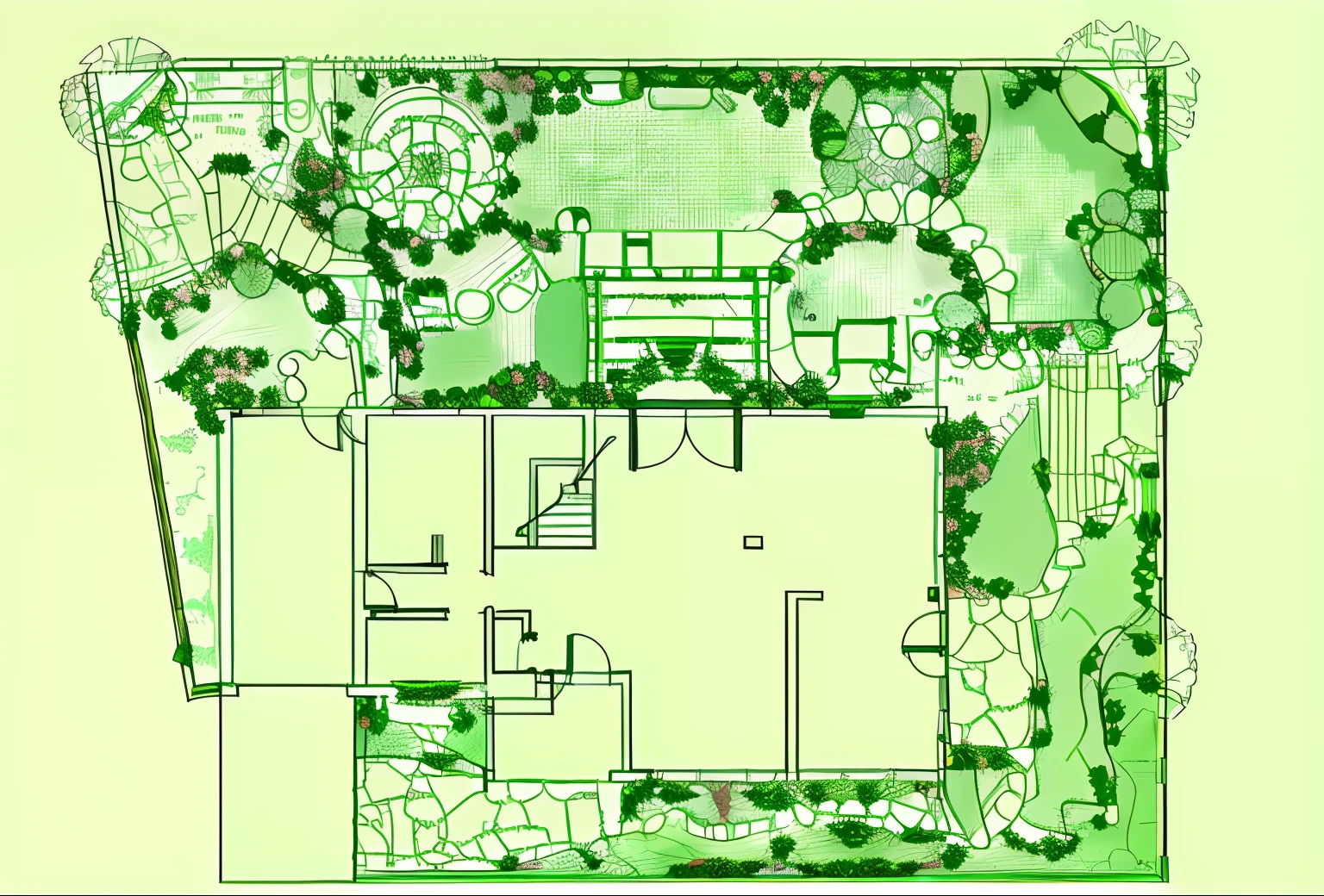 Villa design drawings with villa and garden，garden environment，Intricate gardens，down view，Garden landscape，Villa design，architectural planning，with a garden，detailed designs，Garden background，detailed scenic view，The is very detailed，suburban garden，layout design，highly realistically detailed。