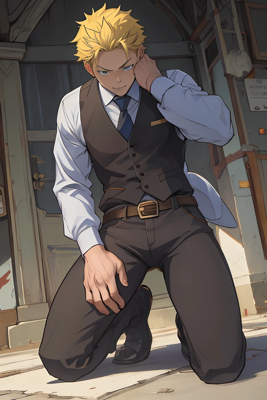 (1 Adult male),A high resolution, Sharp focus, Pixiv masterpiece, ((Complicated details)), highly detailed, natsuki_subaru, 1 man,Defeat, crestfallen,full bodyesbian,kneels on the ground, (A gesture of pleading),blue color eyes(eyes glowing), Short yellow hair,white shirt,Wear a tie,Wear a belt,perspire,look from down