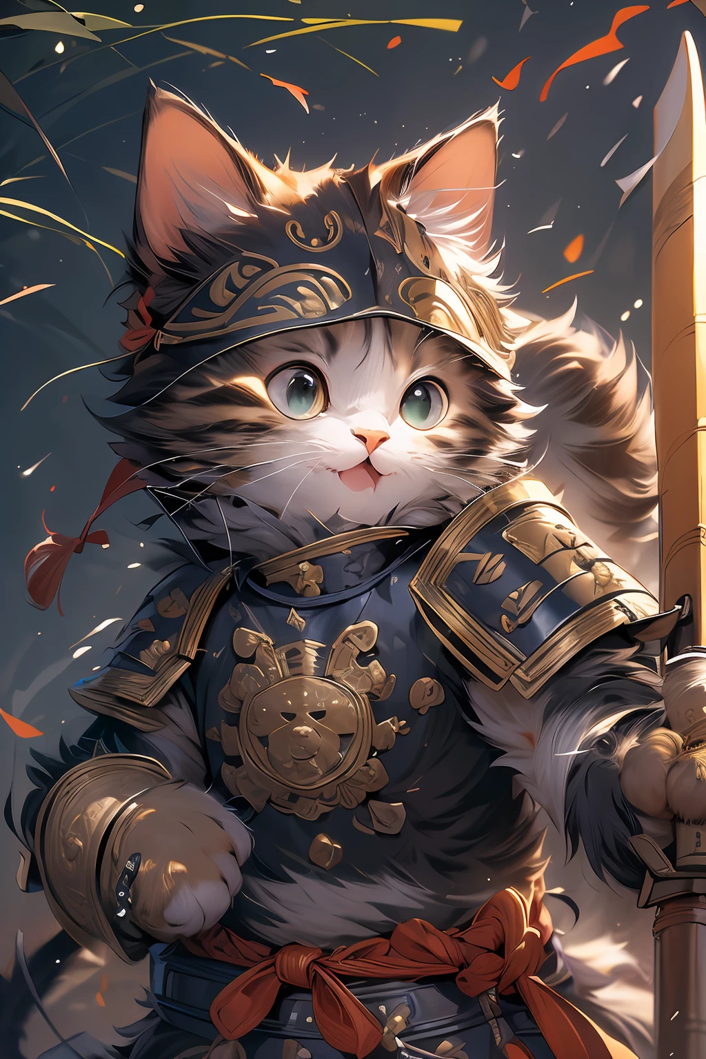 (Masterpiece:1.2, high quality),cat, absurdres, highres, ultra detailed, 1cat, cute [cat:human] wearing samurai armor, smile, holding sword