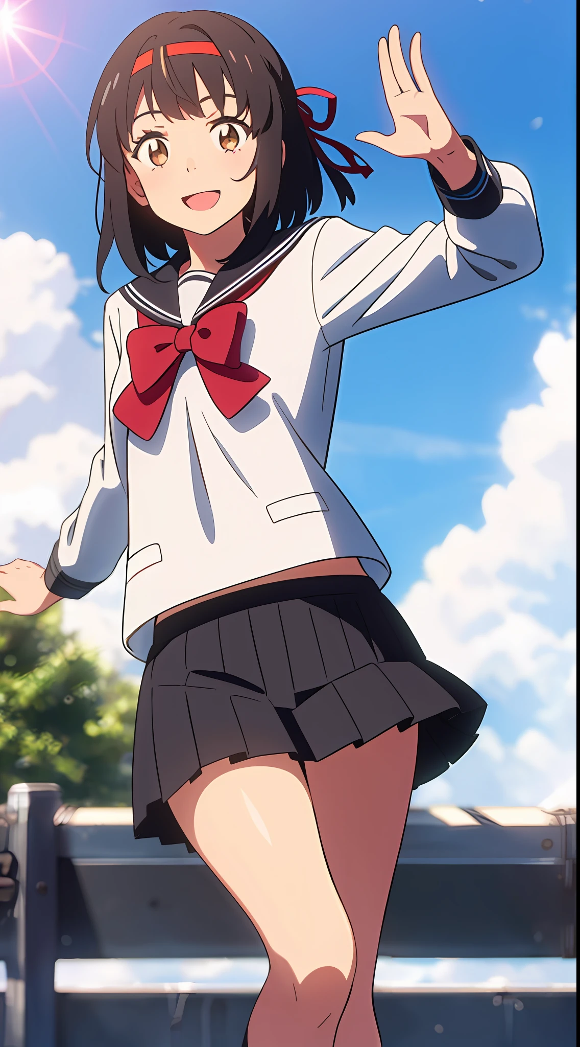 shinkai makoto, kimi no na wa., 1girl, bangs, black hair, blush, brown eyes, sky, cloud, sailor collar, black sailor collar, sailor color, black sailor color, serafuku, looking at the viewer, outdoors, headband, red headband, ribbon, red ribbon, bow, red bow, school uniform, short hair, solo, shirt, white shirt, skirt, black skirt, pleated skirt, long sleeves, smile, happy, open mouth, lens_flare, afternoon hangout