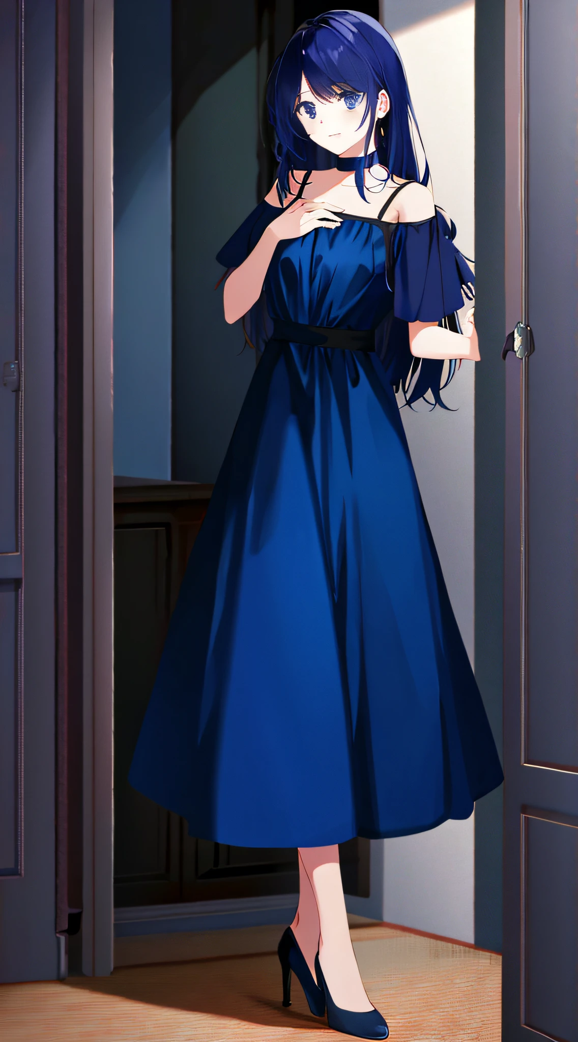 A woman wears in the house（Long dark blue dress）（high-heels），