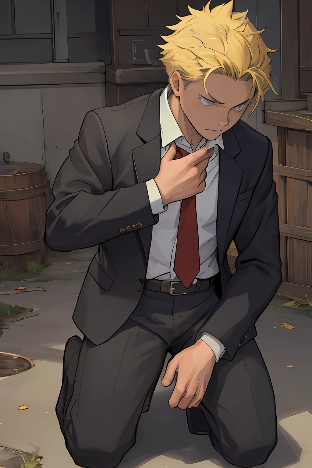 （1 Adult male），A high resolution， Sharp focus， Pixiv masterpiece， （（Complicated details））， highly  detailed， natsuki_subaru， 1 man，Defeat， crestfallen，full bodyesbian，kneels on the ground， （A gesture of pleading），blue color eyes（eyes glowing）， Short yellow hair，white  shirt，Wear a tie，Wear a belt，perspire，look from down