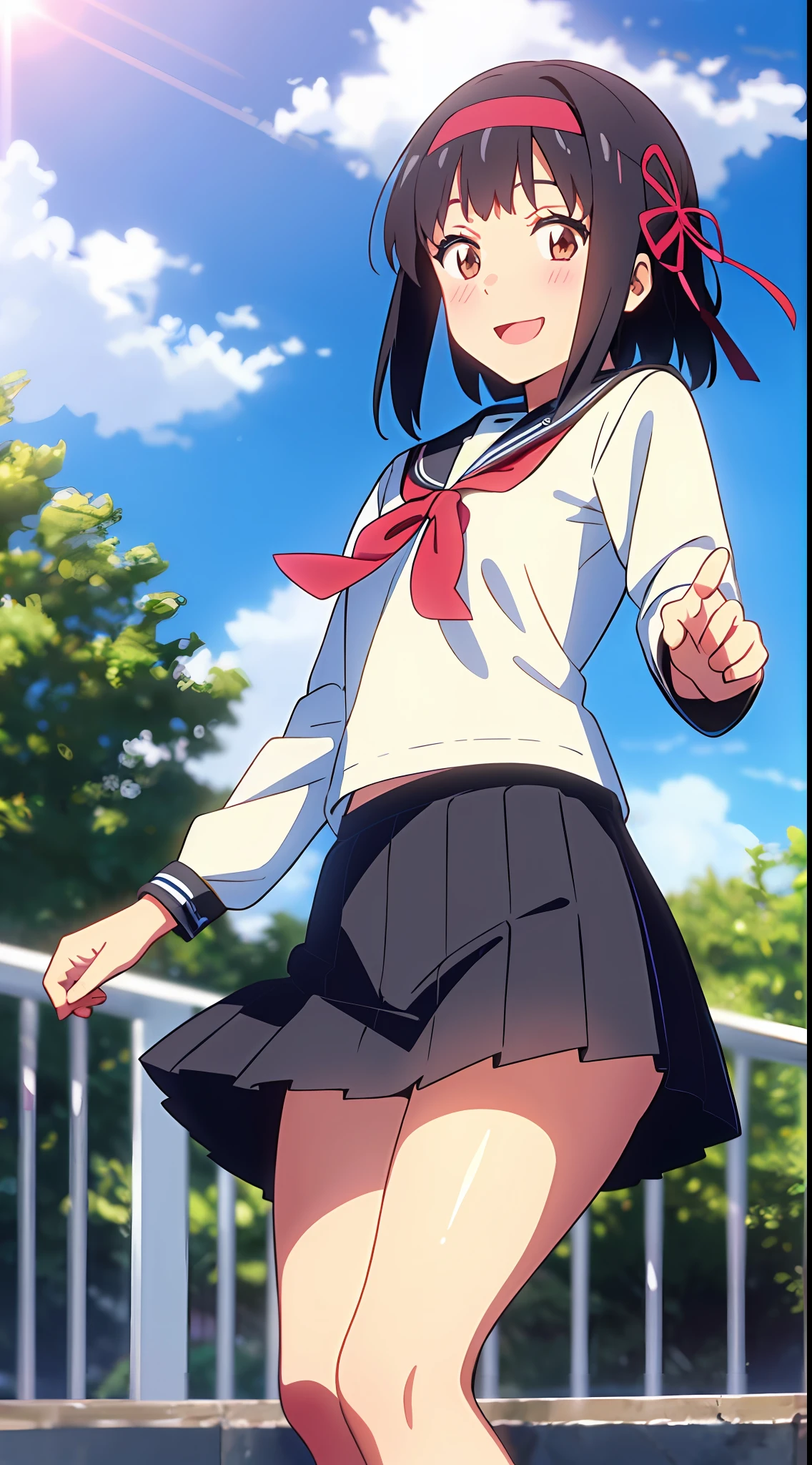 shinkai makoto, kimi no na wa., 1girl, bangs, black hair, blush, brown eyes, sky, cloud, sailor collar, black sailor collar, sailor color, black sailor color, serafuku, looking at the viewer, outdoors, headband, red headband, ribbon, red ribbon, bow, red bow, school uniform, short hair, solo, shirt, white shirt, skirt, black skirt, pleated skirt, long sleeves, smile, happy, open mouth, lens_flare, afternoon hangout