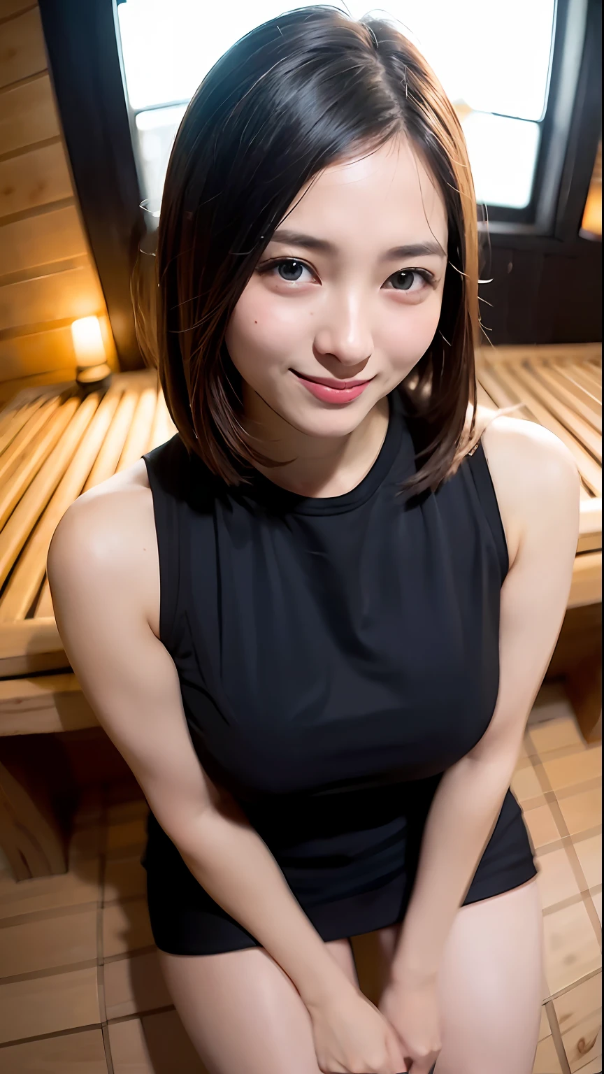 (top-quality、8K、32K、masuter piece、nffsw:1.2)、Cute Japan pictures of married girls、1人、18year old、profile、(Tall lady)、(abdominals、slim figure:1.2)、(s lips) 、(Black hair)、二重まぶた、shinny skin、Realistic rays、mare、beauitful face、(A smile:1.3)、crouching down、(From above:1.2)、(a closeup:1.4)、sauna、the wind、glossy wet skin、blurry backround、(Front Focus)、(Dark: 1.6)、Fantasy Art、photoRealstic、Professional Lighting、extra detailed face、Award-winning、deep-shadows、