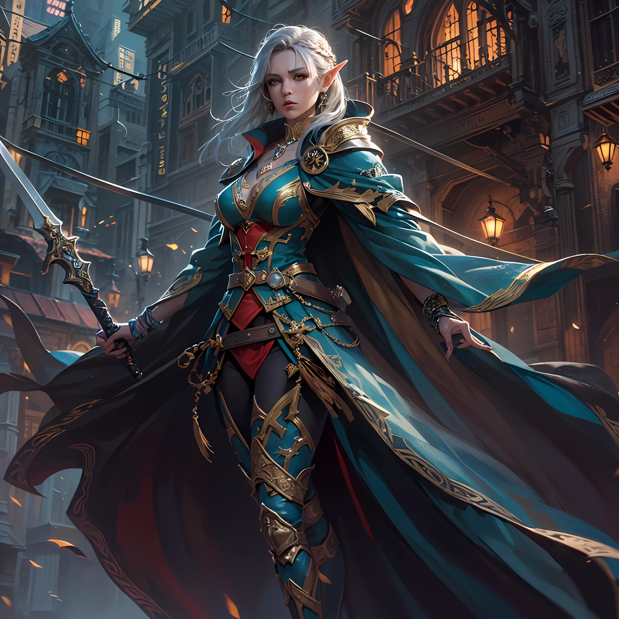 a picture of a female elf (intense details, Masterpiece, best quality: 1.5) fantasy swashbuckler, fantasy fencer, armed with a slim sword, shinning sword, metallic shine, colorful clothes, dynamic clothing, an ultra wide shot, full body (intense details, Masterpiece, best quality: 1.5)epic beautiful female elf (intense details, Masterpiece, best quality: 1.5), rich hair, braided hair, small pointed ears, fantasy urban street (intense details, Masterpiece, best quality: 1.5),  purple cloak, long cloak (intense details, Masterpiece, best quality: 1.5), sense of daring, sense of adventure,  high details, best quality, 8k, [ultra detailed], masterpiece, best quality, (extremely detailed), dynamic angle, ultra wide shot, photorealistic, RAW, fantasy art, dnd art,fantasy art, realistic art,