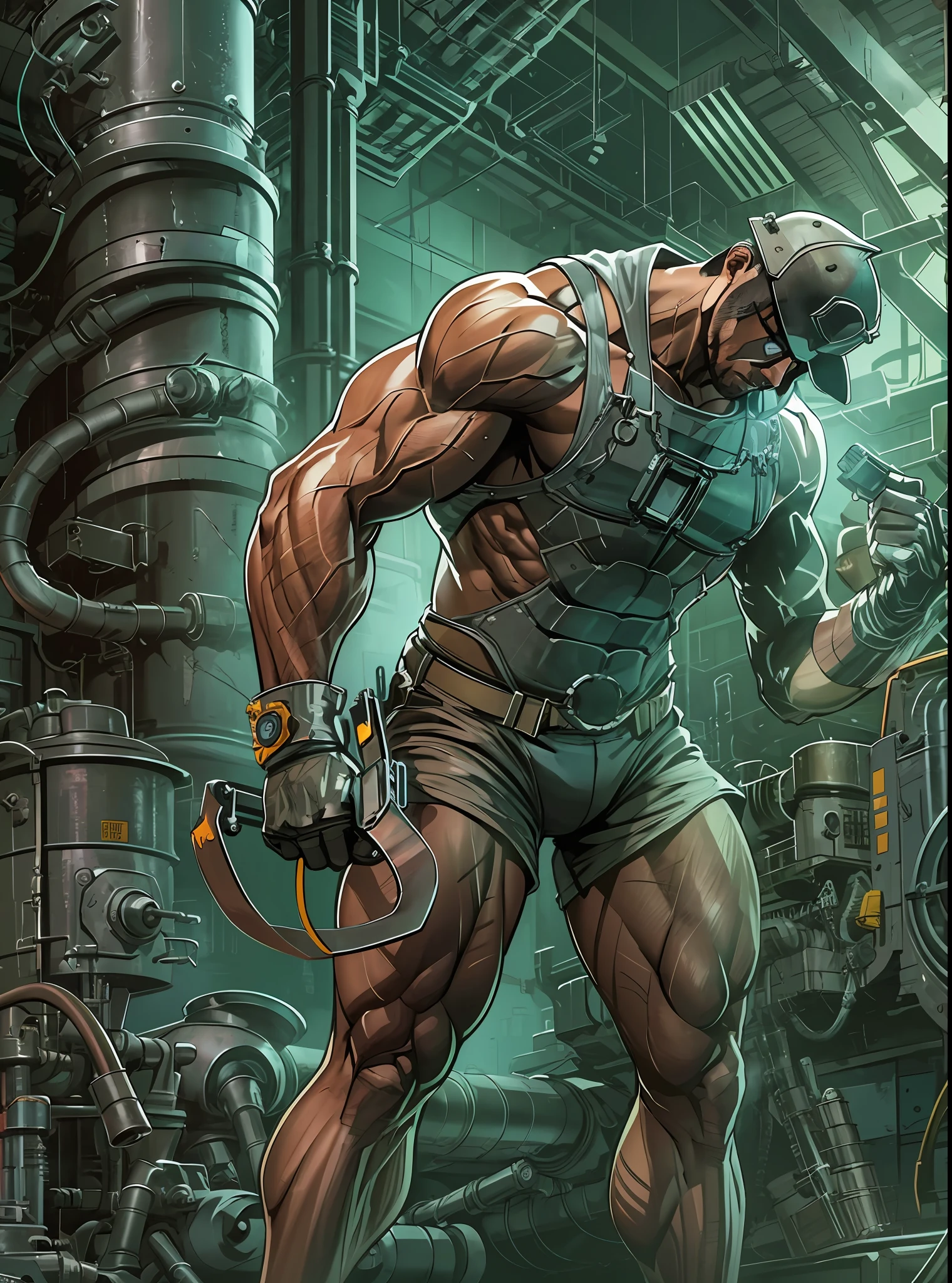 Metal plant worker, Working on a machine tool, muscular body, detailed, detailed body, dynamic pose