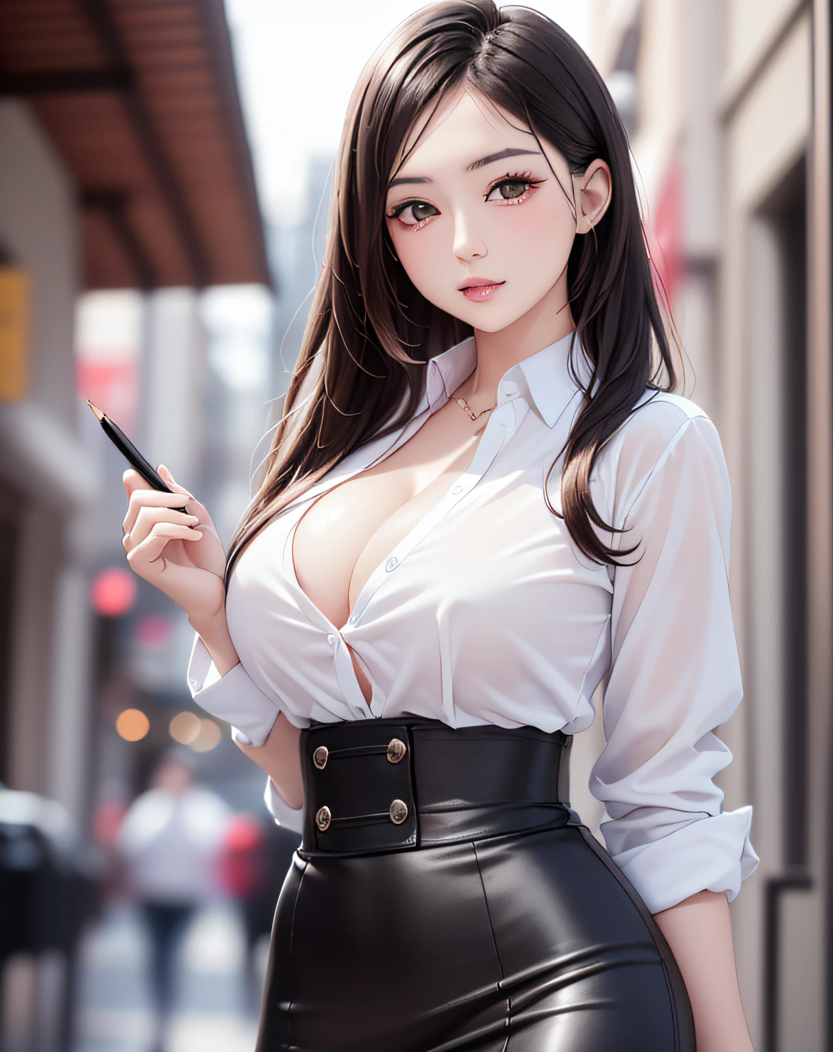 (event companion:1.5, midtown street background:1.5, standing on turn-table:1.5), photo realistic, anime style, (8k, RAW photo, best quality, masterpiece:1.2), High detail RAW color photo, professional photograph, cowboy shot, (realistic, photo realistic:1.37),cinematic light, (finery detailed face:1.2), cowboy shot, thigh 1 girl in bath, 28-38 years old, very cute, very beautiful, photo realistic, event companion, BREAK, white oily skin, real human skin, (detailed face), oval face, pores, round eyes:1.0, ultra high res, BREAK, slim, (medium-large-breast:1.37, cleavage:1.37), (looking straight at viewer with a serene and goddess-like happiness:1.2), (lifter gloss, eyelashes, gloss-face, best quality, ultra highres, Broad lighting, natural shading), (beautiful thin short hair, wavy pony-tail hair style:1.5, shiny-black hair:1.5), BREAK, (event companion uniform:1.3, white collared shirt;1.3, black high-waist pencil-long-skirt:1.3), BREAK, ((show case:1.5, standing in the street1.5)), ((from below:1.3, show girl posing1.5)), blurry background, bokeh, depth of field, cowboy shot:1.3, centered image,