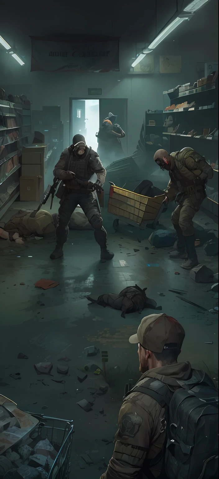 In a clean and empty supermarket, The commander leads the survivors in search of supplies,detailed game art illustration, fps game concept art, resident evil virus concept art, concept art like ernest khalimov, the last of us zombie, realistic apocalyptic war scene, concept art for a video game, Game illustration, undead soldiers in background, combat scene, cover game art