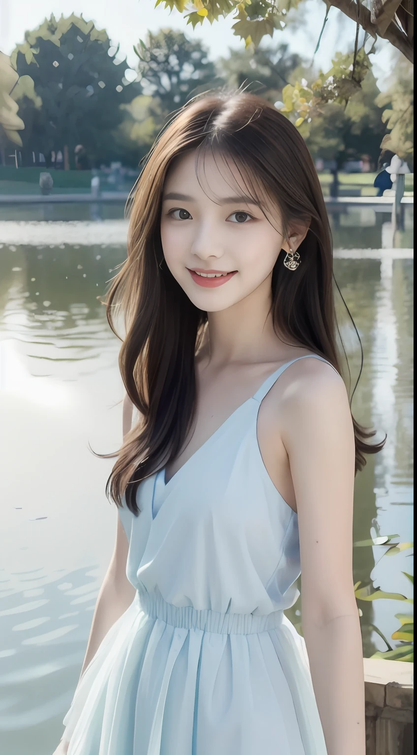 A young and beautiful,Beautiful cute girl,half-body photo。Extremely beautiful and delicate,Black color hair,A sweet smile,Delicate and beautiful fair skin,Realistic and realistic,exquisite and complete facial features,Detailed depiction of the face,tall nose bridge,Smooth hair,extremely detail hair,Feminine temperament,with a well-proportioned body,Realiy,White teeth,Tied up with hair,Hyper-realism,sandals,Extreme picture quality,Highest precision,Precise and perfect human anatomy。with blue sky and white clouds,rays of sunshine,(Tutu dress)(telephoto shot,)Express the landscape,By the lotus pond,There are lotus flowers,Highlight portrait。Wearing earrings,Sideways photo