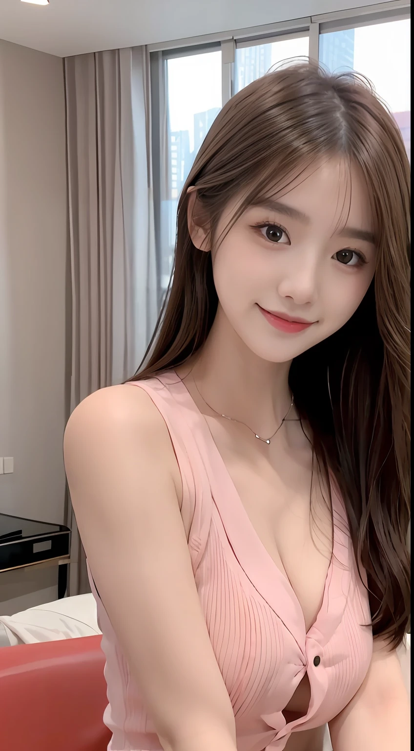 Woman posing for photo with pink lipstick, ulzzangs, anaglyph effect ayami kojima, sun yunjoo, sakimichan, reluvy5213, Tumbler, 1 8 I, Yoshitomo Nara, park jimin, sakimichan hdri, Korean girl, (8K, Best quality, Masterpiece:1.2), (Realistic, photo-realistic:1.37), Ultra-detailed, 1 girl,Cute, Solo,Beautiful detailed sky,dated,(nose blush),(Smile:1.15),(Closed mouth) Small breasts,Beautiful detailed eyes, (Long hair:1.2),Floating hair NovaFrogStyle, Upper body, vests