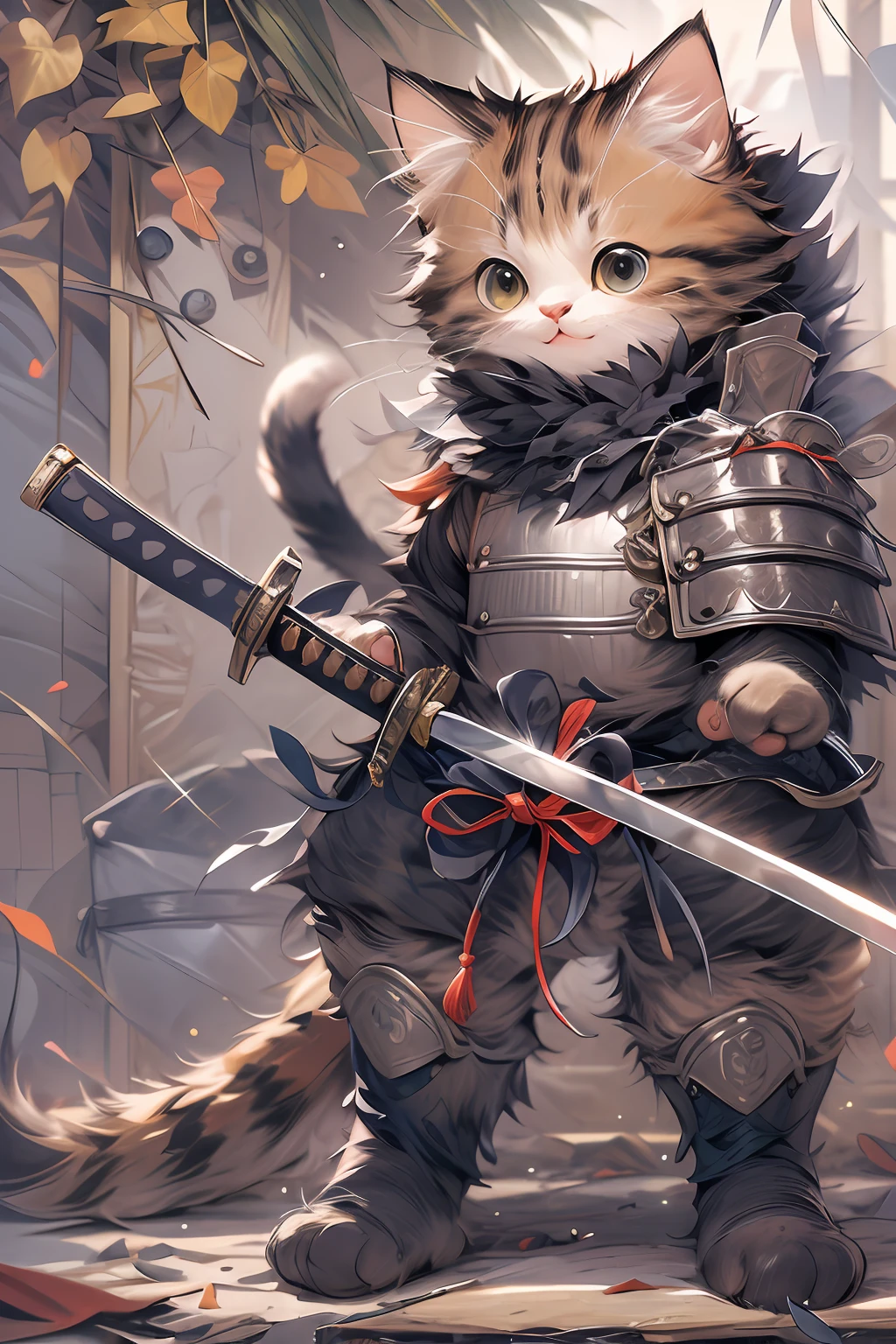 (Masterpiece:1.2, high quality),cat, absurdres, highres, ultra detailed, 1cat, cute [cat:human] wearing samurai armor, smile, holding sword