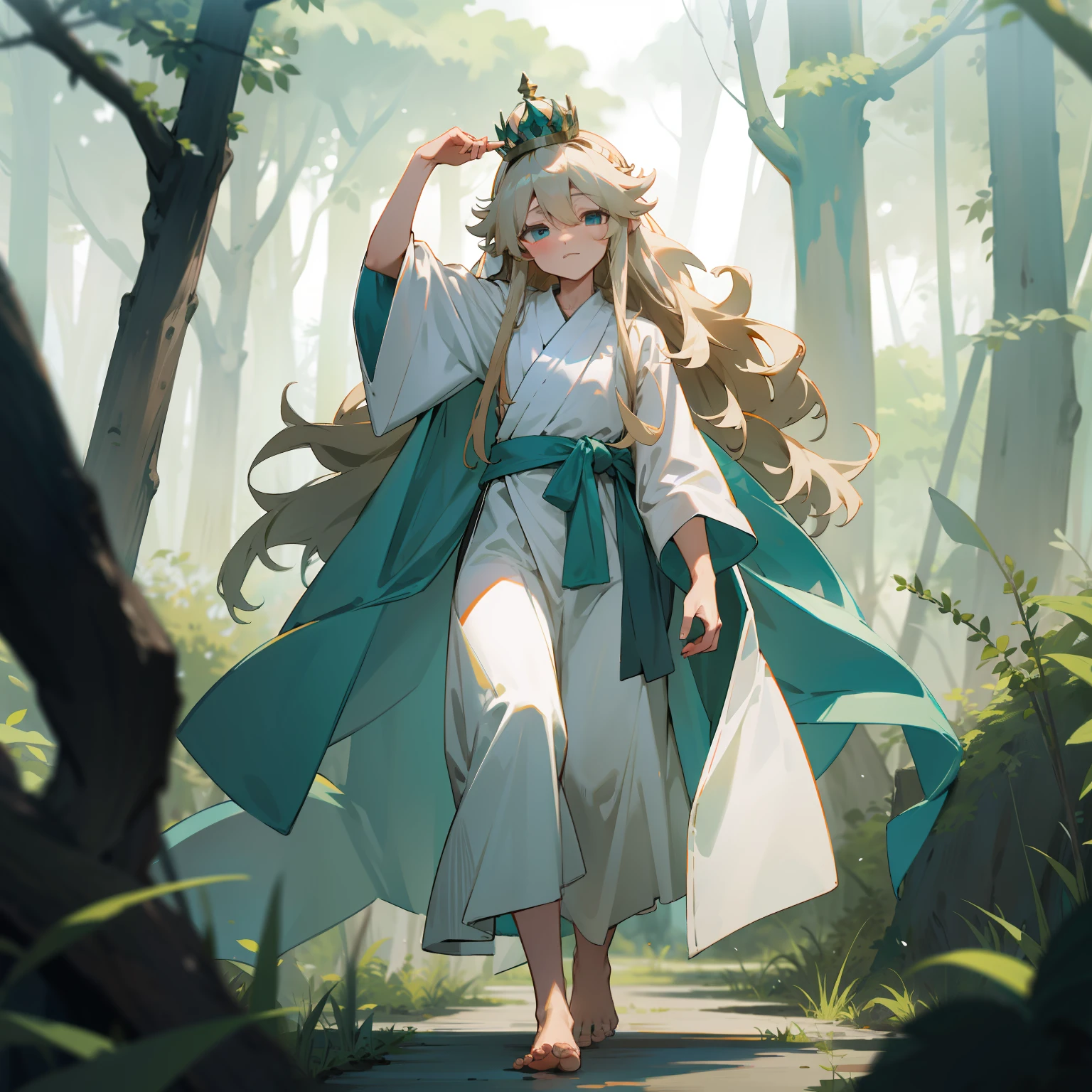 Dressed in a white robe，Wears a silver crown on his head，Long curly blonde hair，Turquoise eyes，Walk barefoot in the forest。