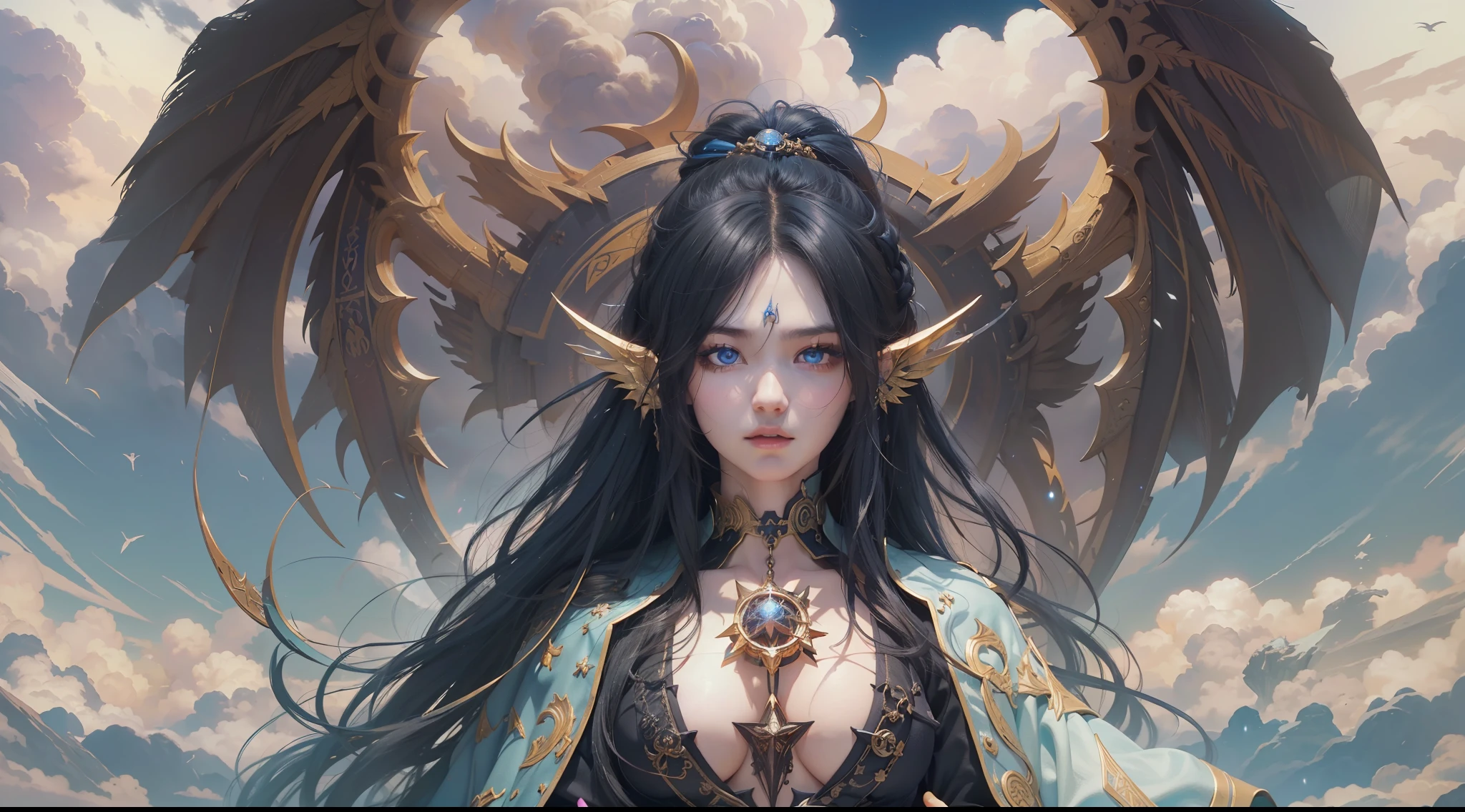 Above the rising clouds,Night, Dark, (Fantasy),infinite,deep blue sky,The abyss of knowledge,Cowledge,((masutepiece)), (((Best Quality))),((Beautiful fine eyes)),(Eye lashes)、Realistic clouds、Very beautiful face、The ultra -The high-definition、high fantasy castle、Beautiful girl with giant golem、(女の子1人)、Black hair、The long-haired、abyss eyes、glowy skin、oils、small tits、Perfect human body structure、Wizard robes、der riese、tattered cloth、Realistic coat、Teenchi、Super delicate CG Unity 32k wallpaper、photoRealstic、masterpiece, ((ultra-detailliert)), ((illustratio)),colourfull,wall-paper,The energy,Unknown terror,Incomprehensible,Around the magic,Magical surroundings,magic wands,Boken,Flying pages,Know everything,Predict the future、Get to know the past、Infinite wisdom、blue flames、Warlock、magic circles、Pentagram、Spells、mantra、Singing magic