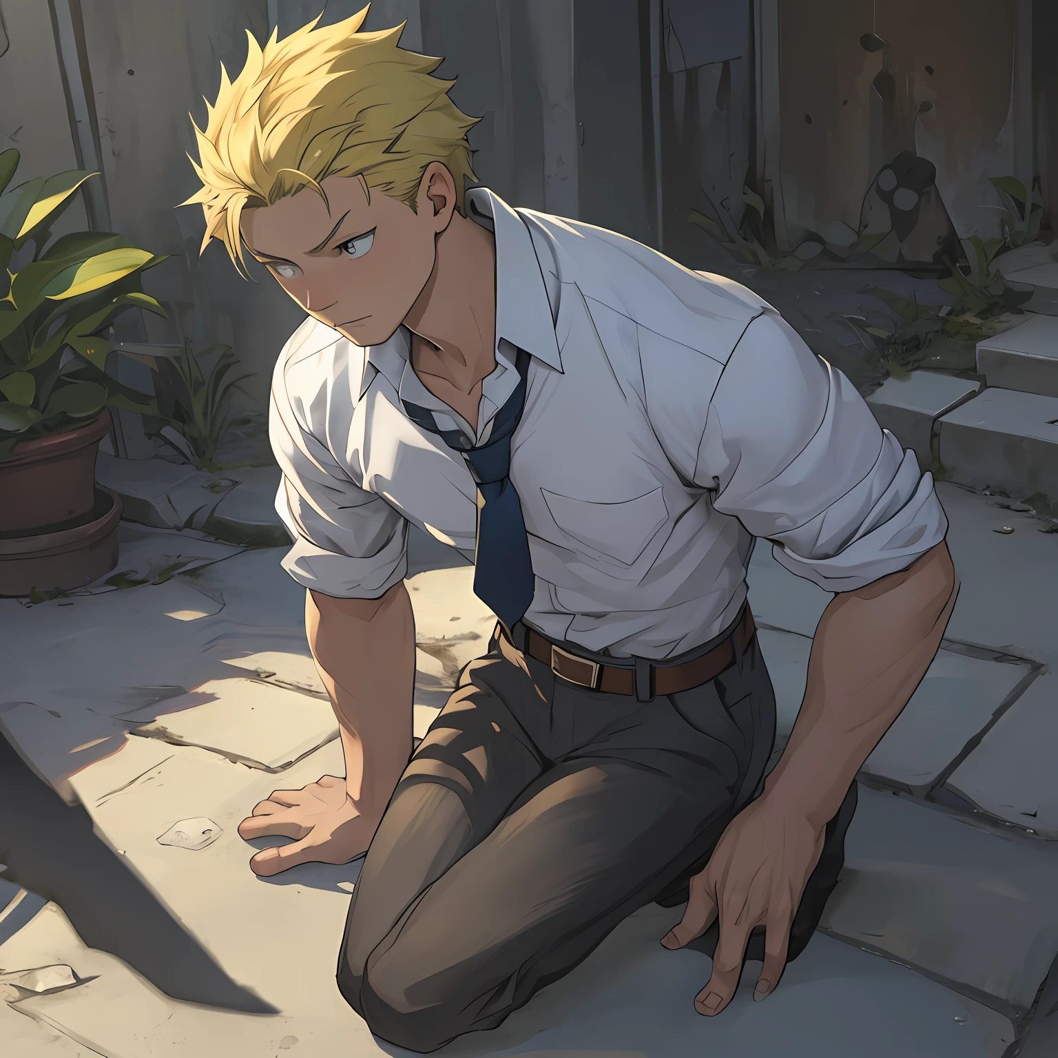 （1 Adult male），A high resolution， Sharp focus， Pixiv masterpiece， （（Complicated details））， highly  detailed， natsuki_subaru， 1 man，Defeat， crestfallen，full bodyesbian，kneels on the ground， （A gesture of pleading），blue color eyes（eyes glowing）， Short yellow hair，white  shirt，Wear a tie，Wear a belt，perspire，look from down