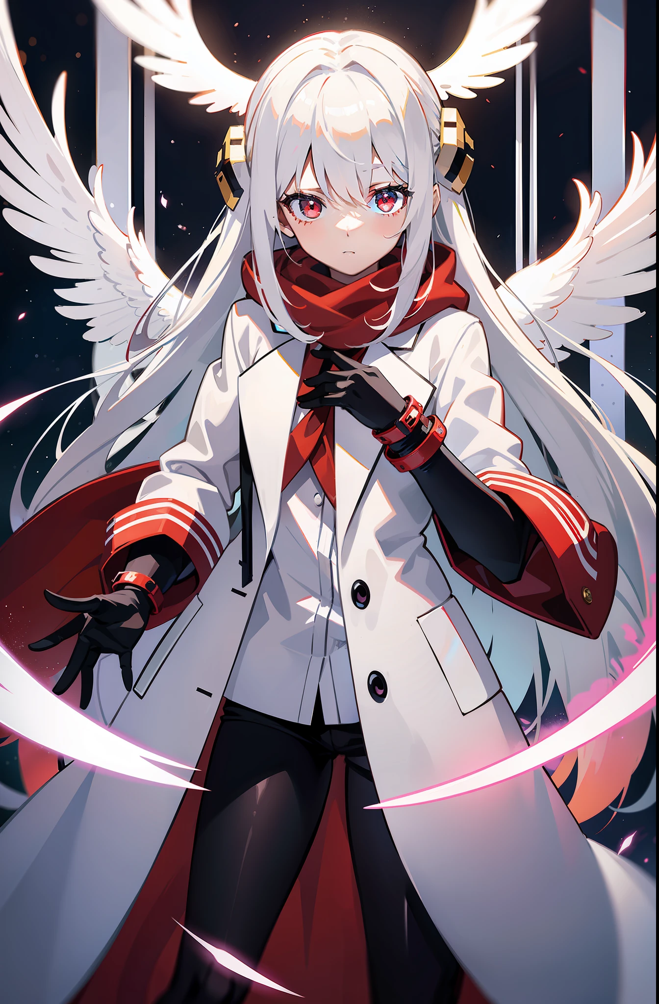 teens girl,White hair, Cosmic background at night,Red glowing eyes, sportrait, photorealestic,Red and white trench coat,Wearing a hood,Red scarf,black t-shirts,longer sleeves,Multiple pairs of angel wings,Each wing is covered with eyeballs,Light wings hang around,One eye bleeds,side-lighting, the wallpaper, NSFW, Depicting female characters from ethereal anime in a high-quality anime art style,Combine ethereal and mecha themes,Showcasing anime goddesses and white-haired mysterious characters。