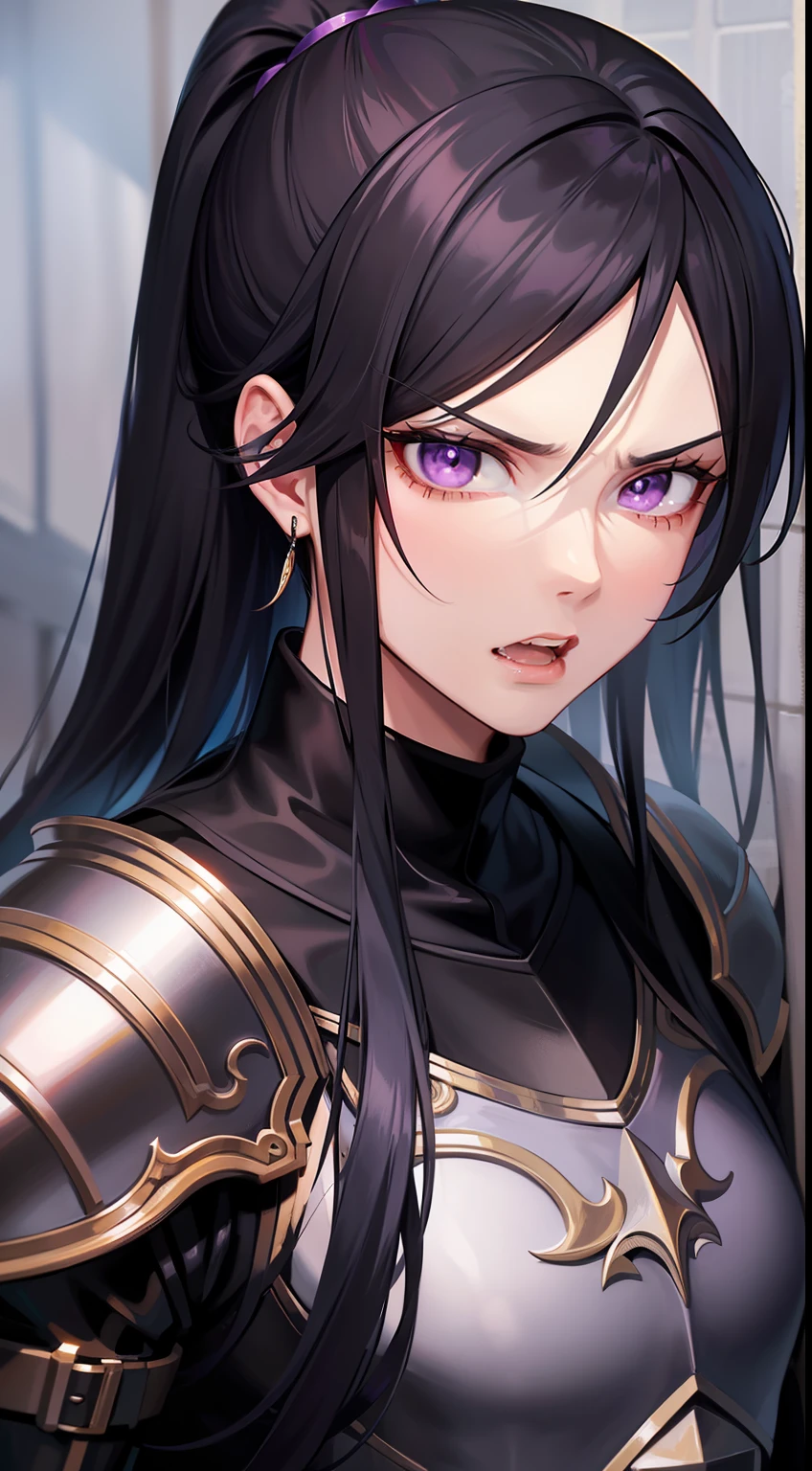 adult man, Long black hair, high ponytail, violet eyes, Fantasy, Korean Demon Armor, anger, Masterpiece, hiquality