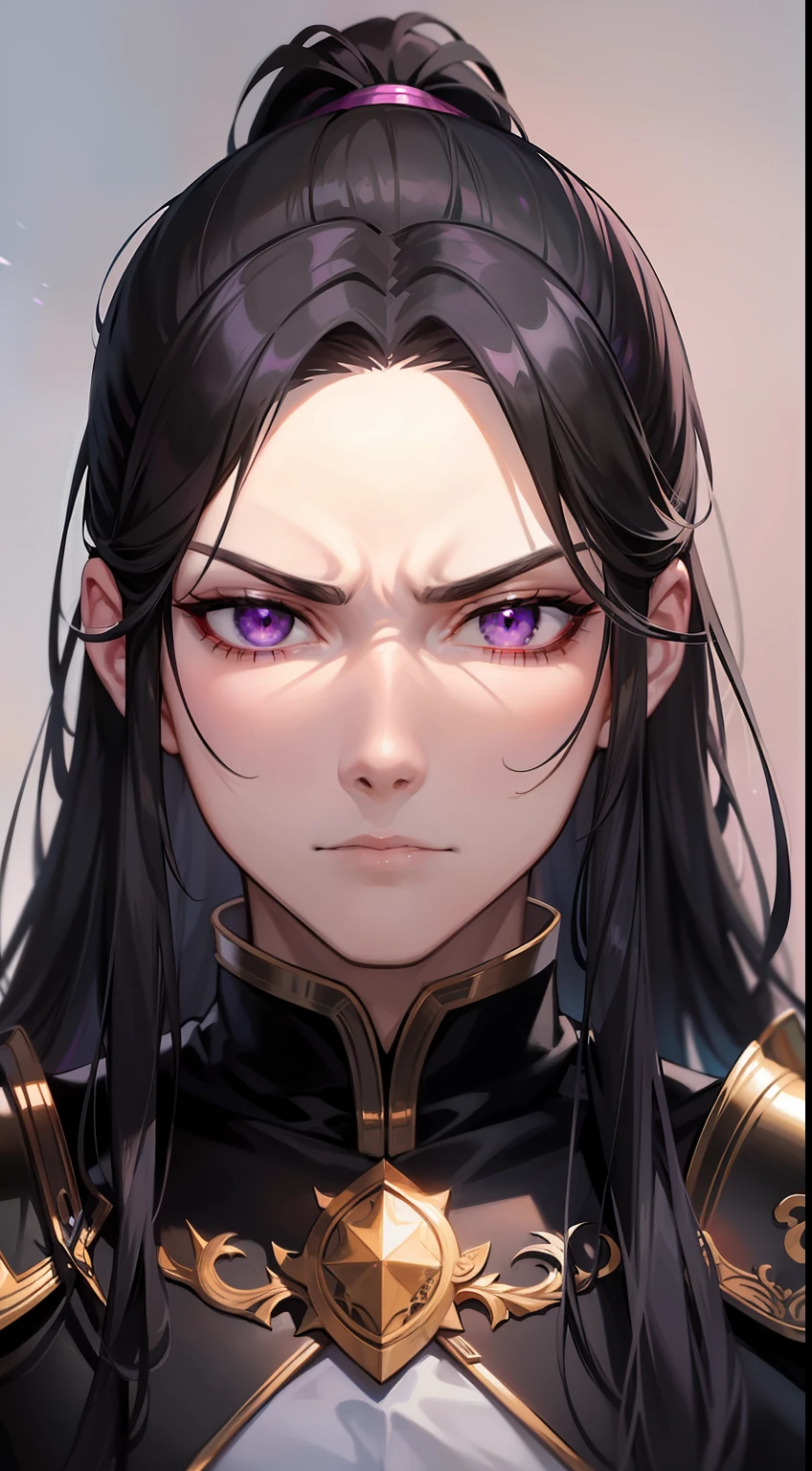 adult man, Long black hair, high ponytail, violet eyes, Fantasy, Korean Demon Armor, anger, Masterpiece, hiquality