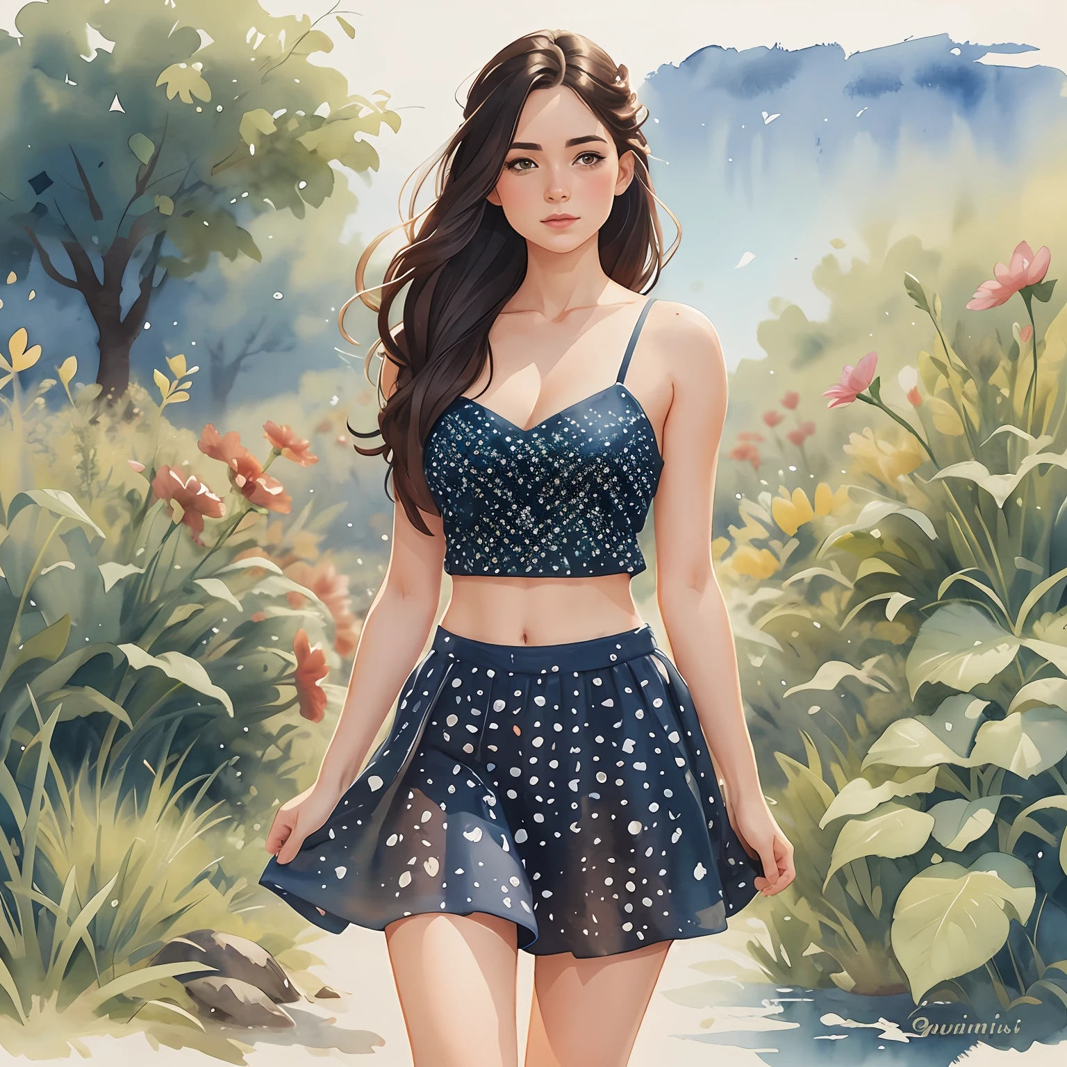 pintura de uma mulher em uma saia de bolinhas e crop top, pintura digital em aquarela, watercolor illustration style, aquarela artstyle, trending on artstration, estilo de pintura em aquarela, pintura digital em aquarela, in illustration style digital, pintura em aquarela, Aquarela Digital, No Bowater Art Style, Watercolor illustration, pintura colorida em aquarela, pintura detalhada em aquarela, Fanart, estilo aquarela