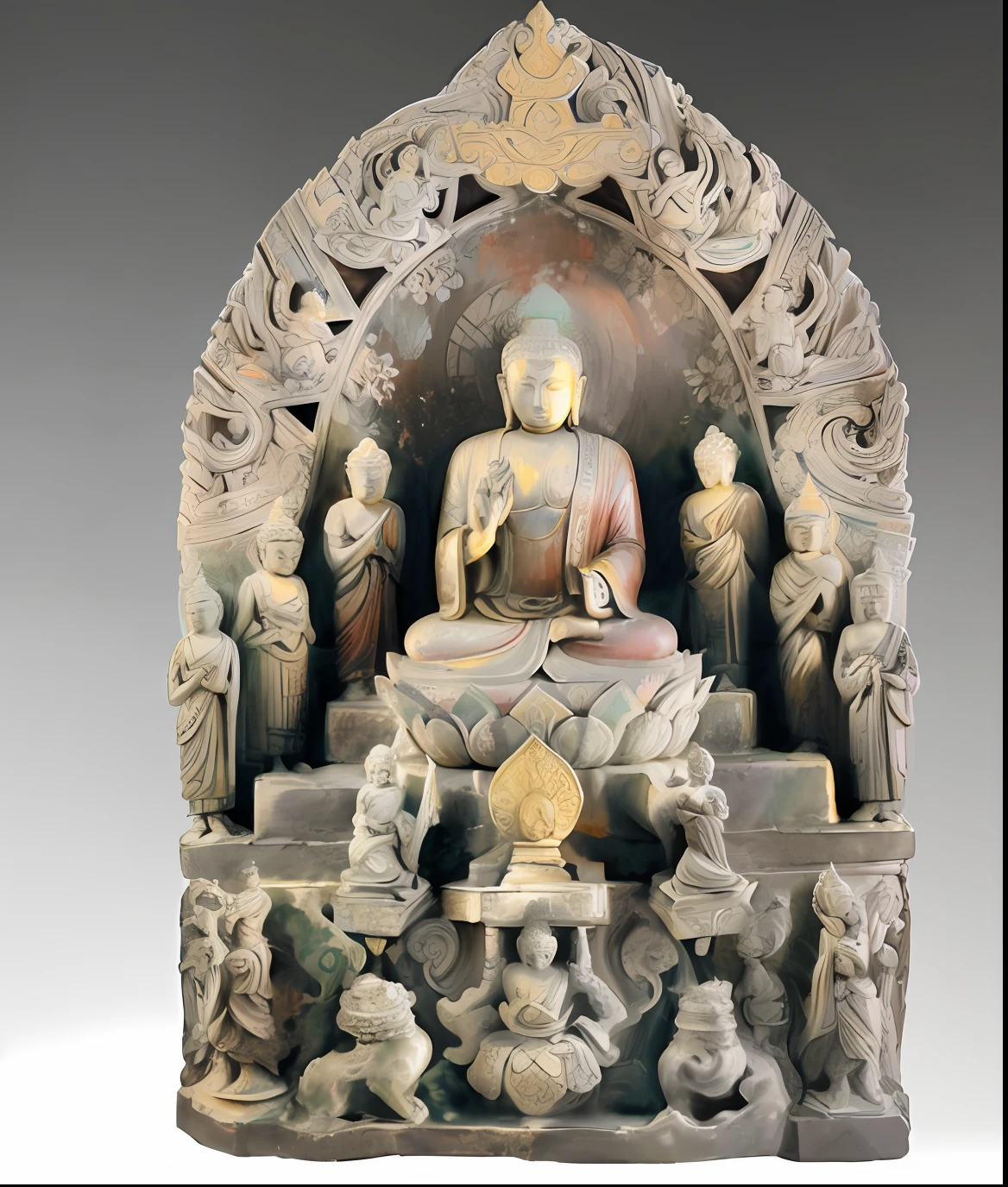 A seated Buddha statue surrounded by other statues, buddhist art, bodhisattva, Buddhist, the watercolor style,BUDDHA STATUE,watercolor paiting,ink wash style