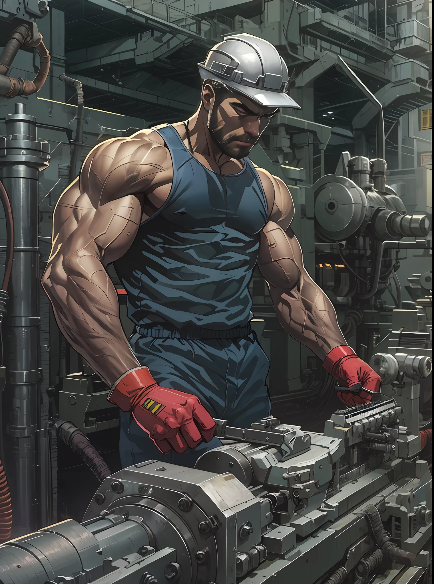 Metal plant worker, Working on a machine tool, muscular body, detailed, detailed body, dynamic pose